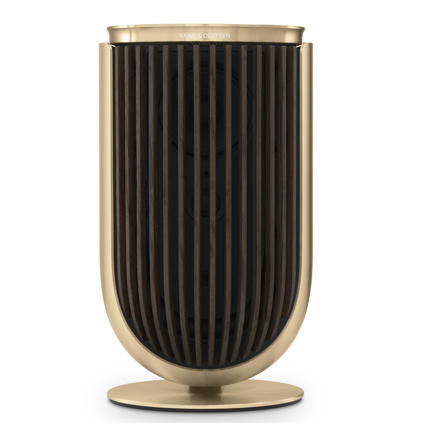 Bang & Olufsen BeoLab 8 in Gold Tone mit Holzcover in Dark Oak auf Tischstandfuß