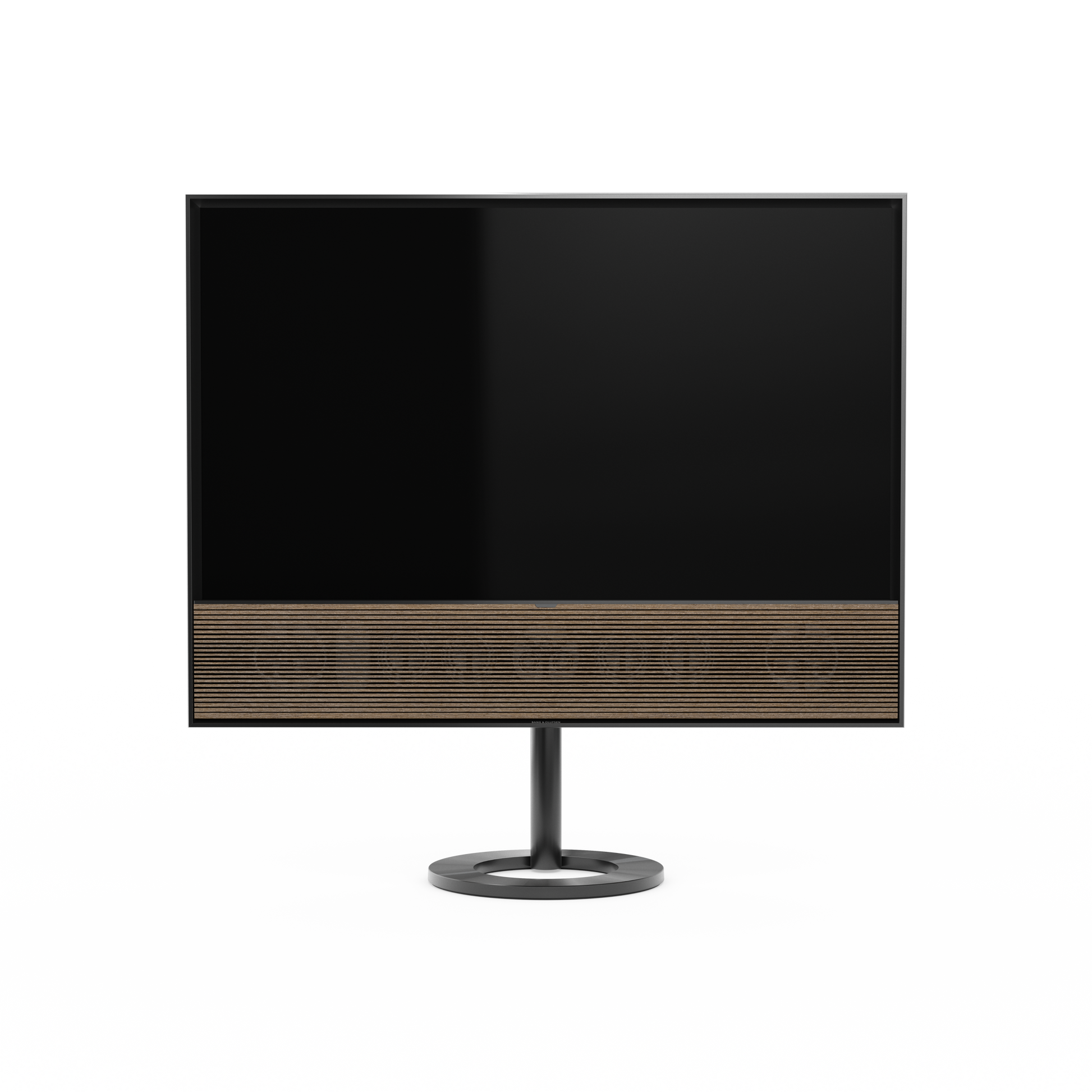 B&O Beovision Contour 48 Zoll Black Anthracite - auf Bodenstandfuß mit smoked oak Cover - frontale Ansicht