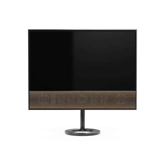 B&O Beovision Contour 48 Zoll Black Anthracite - auf Bodenstandfuß mit smoked oak Cover - frontale Ansicht