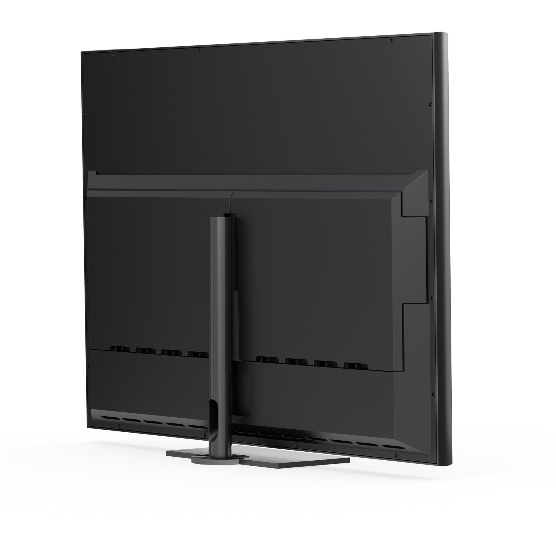 B&O Beovision Contour 48 Zoll Black Anthracite - auf Tischstandfuß  mit smoked oak Cover - hintere-seitliche Ansicht