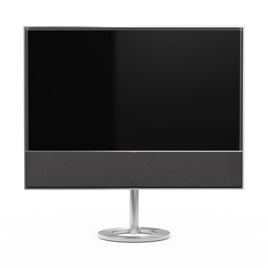 Bang & Olufsen BeoVision Contour 55 Zoll mit silberneme Rahmen auf Bodenstandfuß mit Cover in Grey Mélange