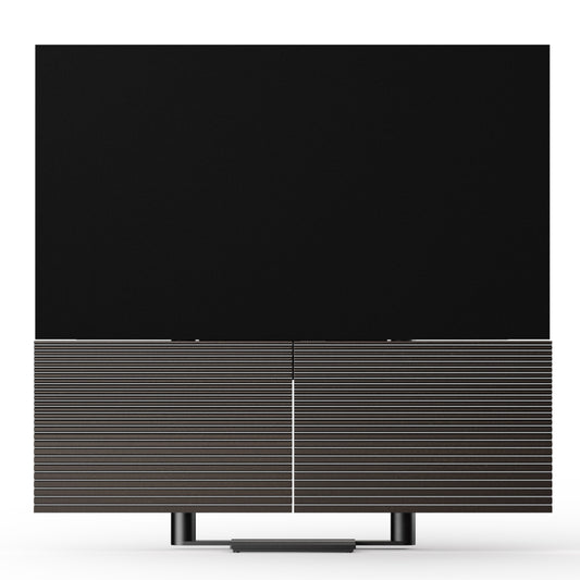 Beovision Harmony in Black anthracite mit Dark oak Cover auf Bodenstandfuß