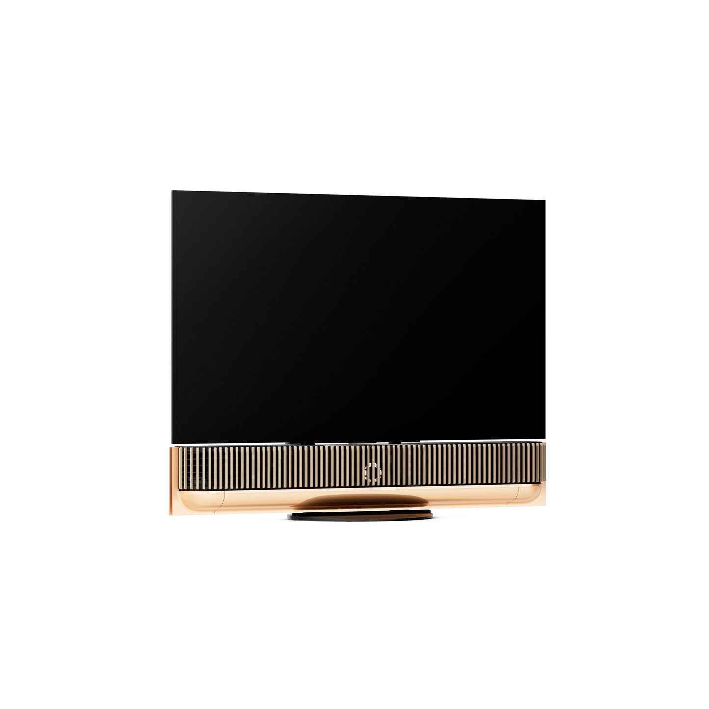 BeoSound Theatre in gold tone as TV in 55 inches  with light oak wood cover on table stand