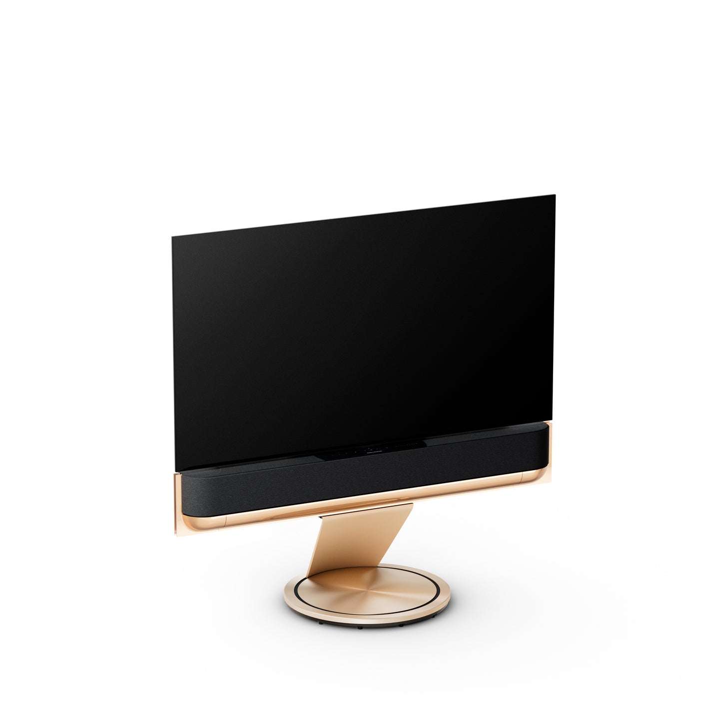 BeoSound Theatre in gold tone as TV in 55 inches  with cover in grey melange on floor stand