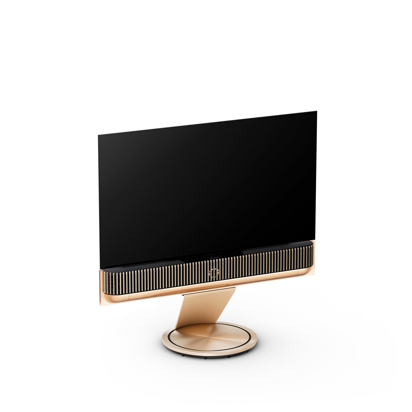 BeoSound Theatre in gold tone as TV in 55 inches  with wooden cover in light oak on floor stand