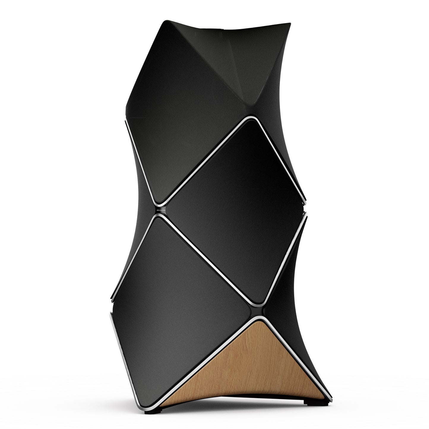 BeoLab 90 mit schwarzem Stoff, natürlichem Aluminium und Holzpanelen in Eichenholz