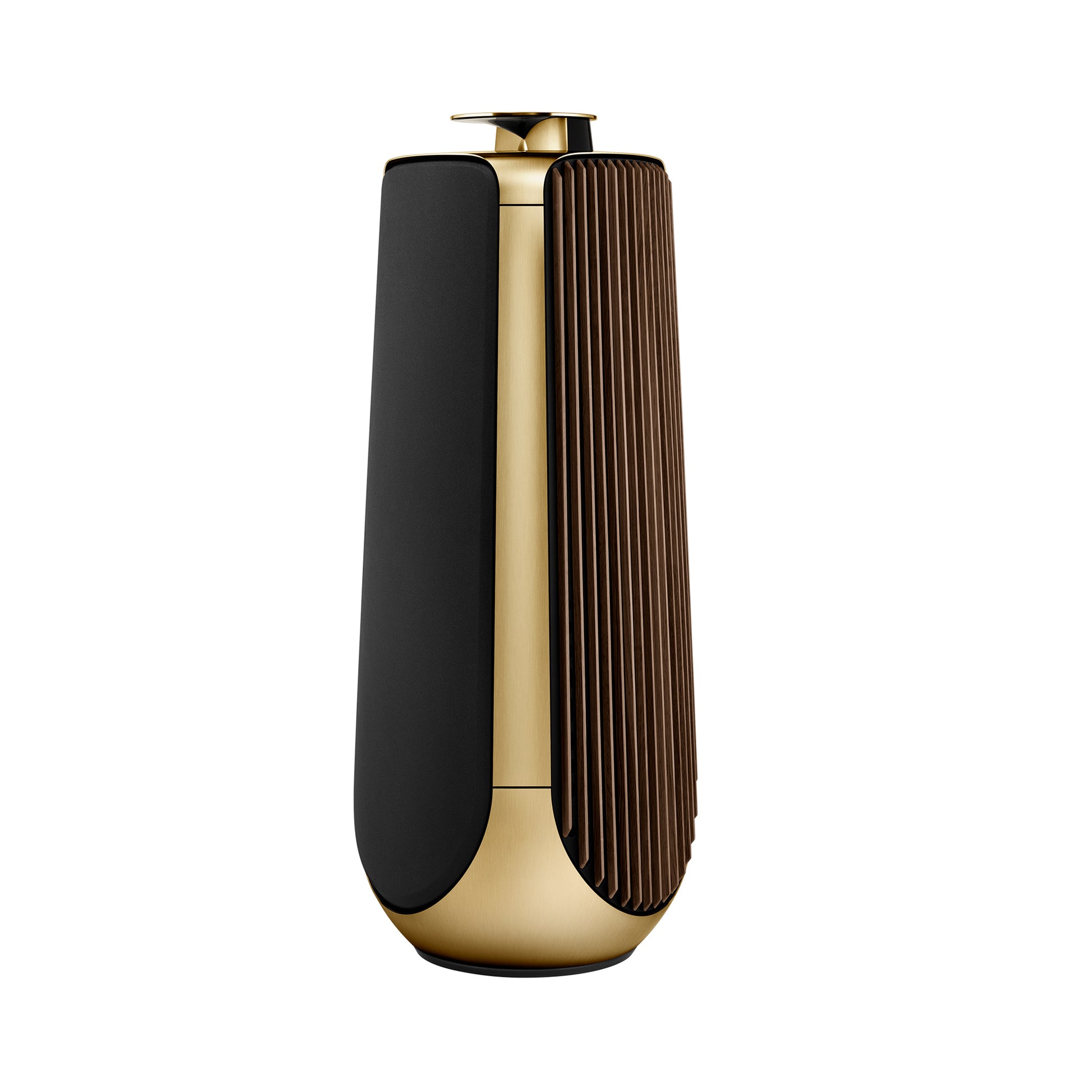 BeoLab 50 in Brass Tone mit Frontcover aus schwarzen Akustikstoff und Seitencover aus Walnussholz