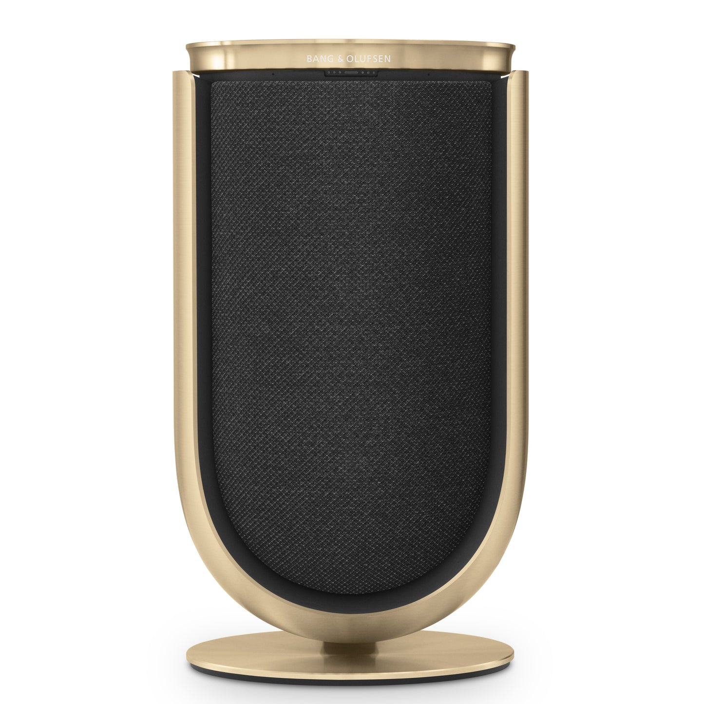 Bang & Olufsen BeoLab 8 in Gold Tone mit Textilcover in Grey Mélange auf Tischstandfuß