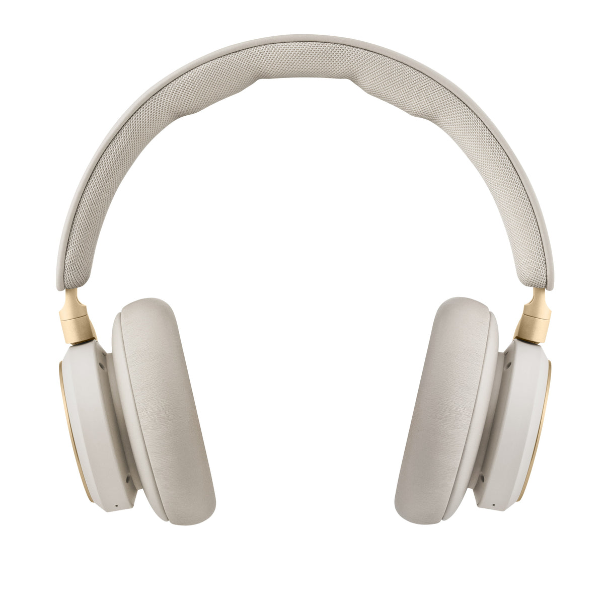 Frontale Studio-Aufnahme der Beoplay HX in Gold Tone. Die symmetrische Darstellung betont das ergonomische Kopfband und die weichen Lammleder-Ohrpolster auf weißem Grund.