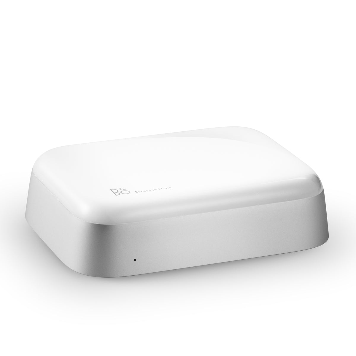 Isometrische Dreiviertel-Ansicht des Beoconnect Core; vermittelt einen räumlichen Eindruck des kompakten Streaming-Hubs.