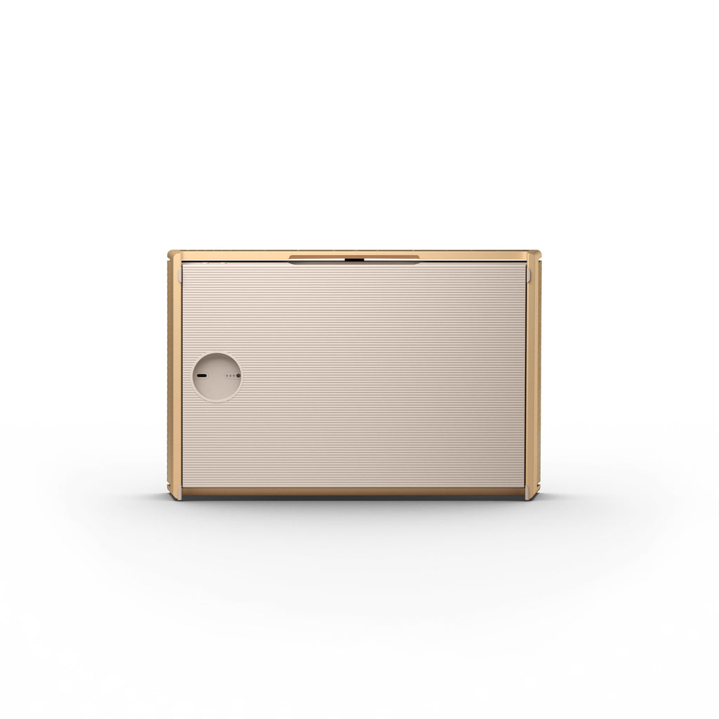 Studio-Aufnahme der Rückseite des Beosound Level (Gold/Light Oak), aufrecht stehend. Zeigt die helle Rückseite und die magnetische Ladebuchse in der Griffmulde.