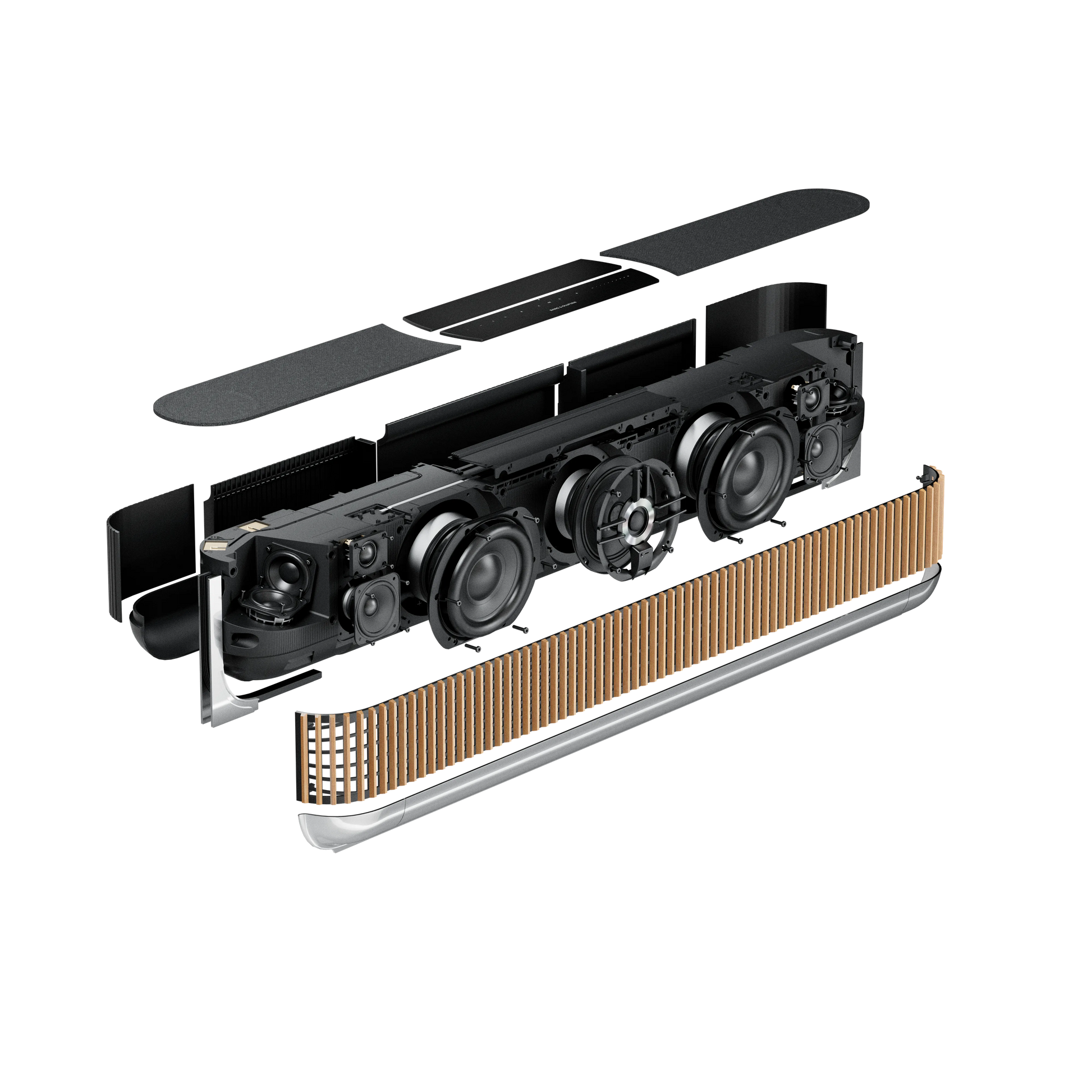 Bang & Olufsen, B&O Beosound Theatre in silber in der Größe 55 Zoll mit einem Cover aus hellem Eichenholz als Explosionsdarstellung