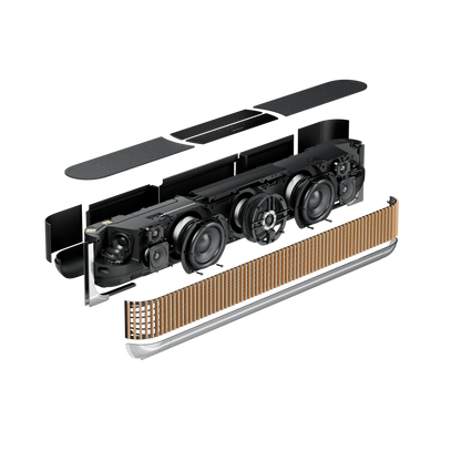 Bang & Olufsen, B&O Beosound Theatre in silber in der Größe 55 Zoll mit einem Cover aus hellem Eichenholz als Explosionsdarstellung