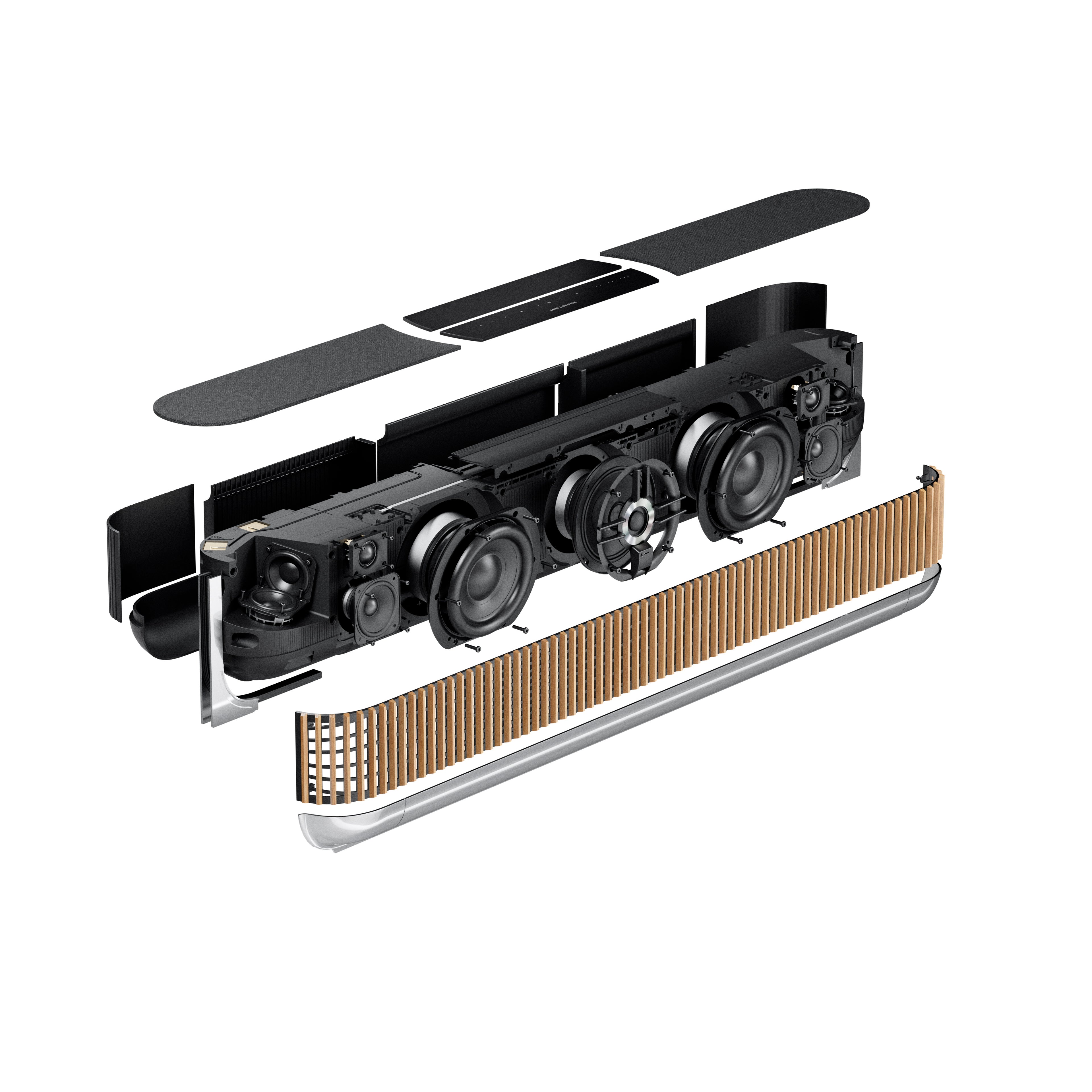 Technische Explosionszeichnung der Beosound Theatre Soundbar von Bang & Olufsen. Die Grafik zeigt die komplexe interne Architektur mit 12 Lautsprechertreibern – inklusive leistungsstarker Tieftöner, Mittel- und Hochtöner – sowie die modularen Komponenten wie die Eichenholz-Lamellen und das massive Aluminium-Chassis.