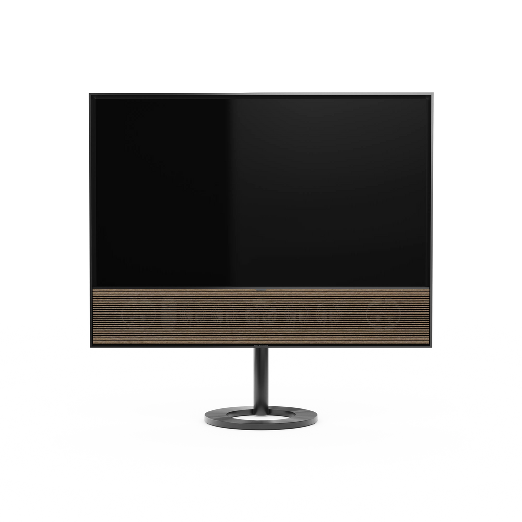 Bang & Olufsen, Beovisin Contour in black anthracite mti Holzabdeckung in smoked oak auf Floor Stand