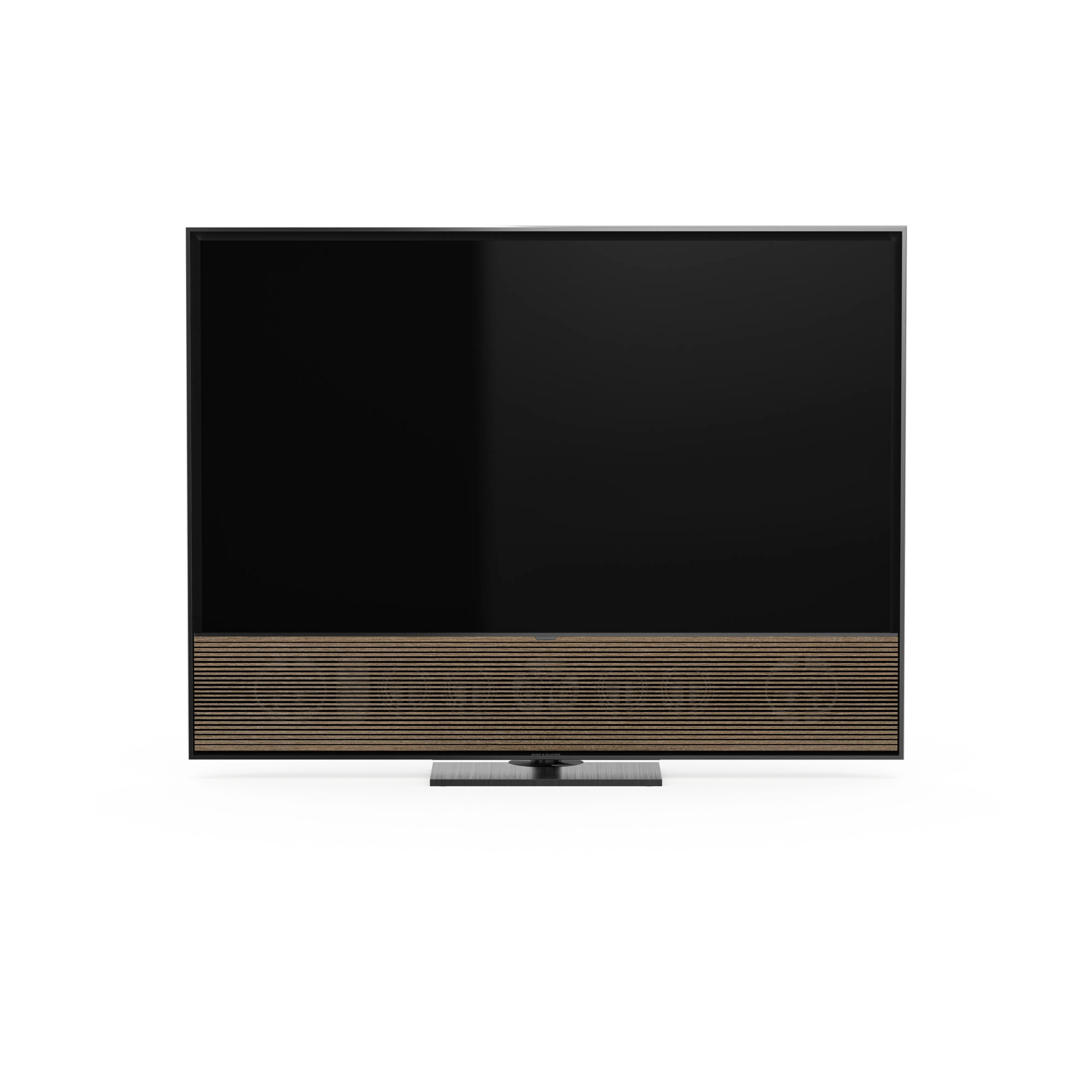 Bang & Olufsen, Beovisin Contour in black anthracite mti Cover in smoked oak auf Table stand