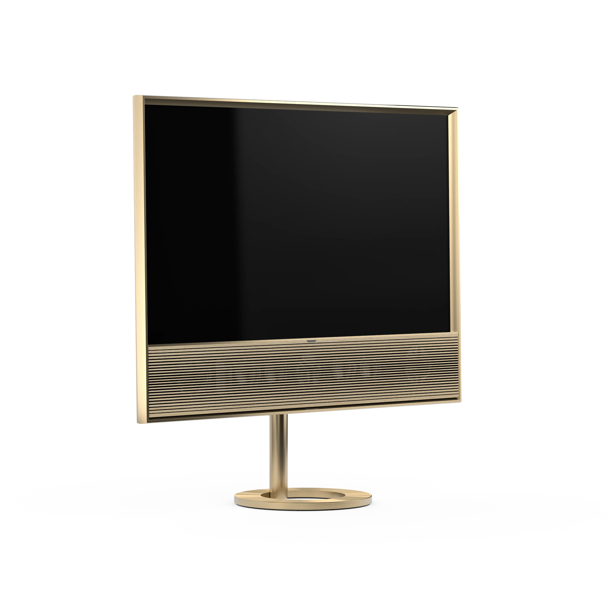 Bang & Olufsen, B&O, Beovision Contour Gold Tone mti Holzabdeckung in light oak auf Bodenstandfuß - Seitliche Ansicht vorn