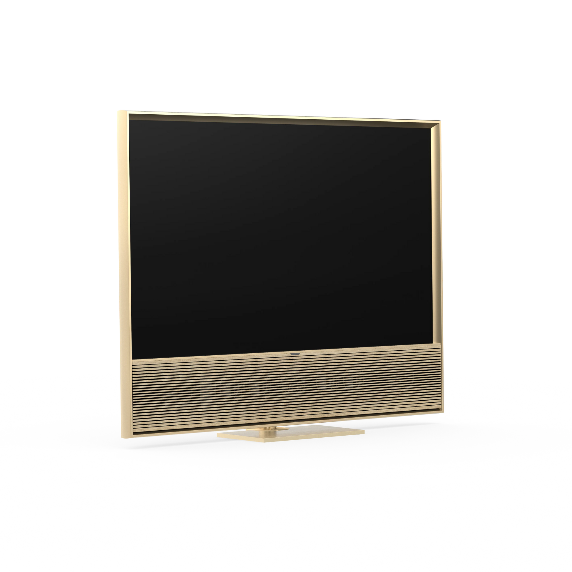 Bang & Olufsen, B&O, Beovisin Contour Gold Tone mti Holzabdeckung in light oak auf Table Stand - Ansicht schräg vorn
