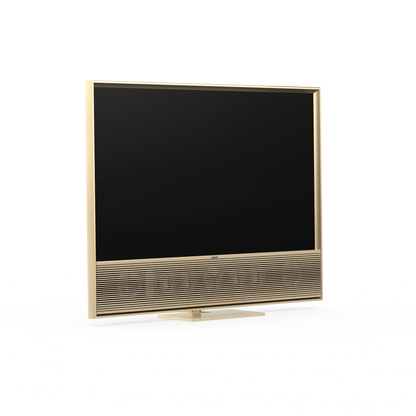 Bang & Olufsen, B&O, Beovisin Contour Gold Tone mti Holzabdeckung in light oak auf Table Stand - Ansicht schräg vorn