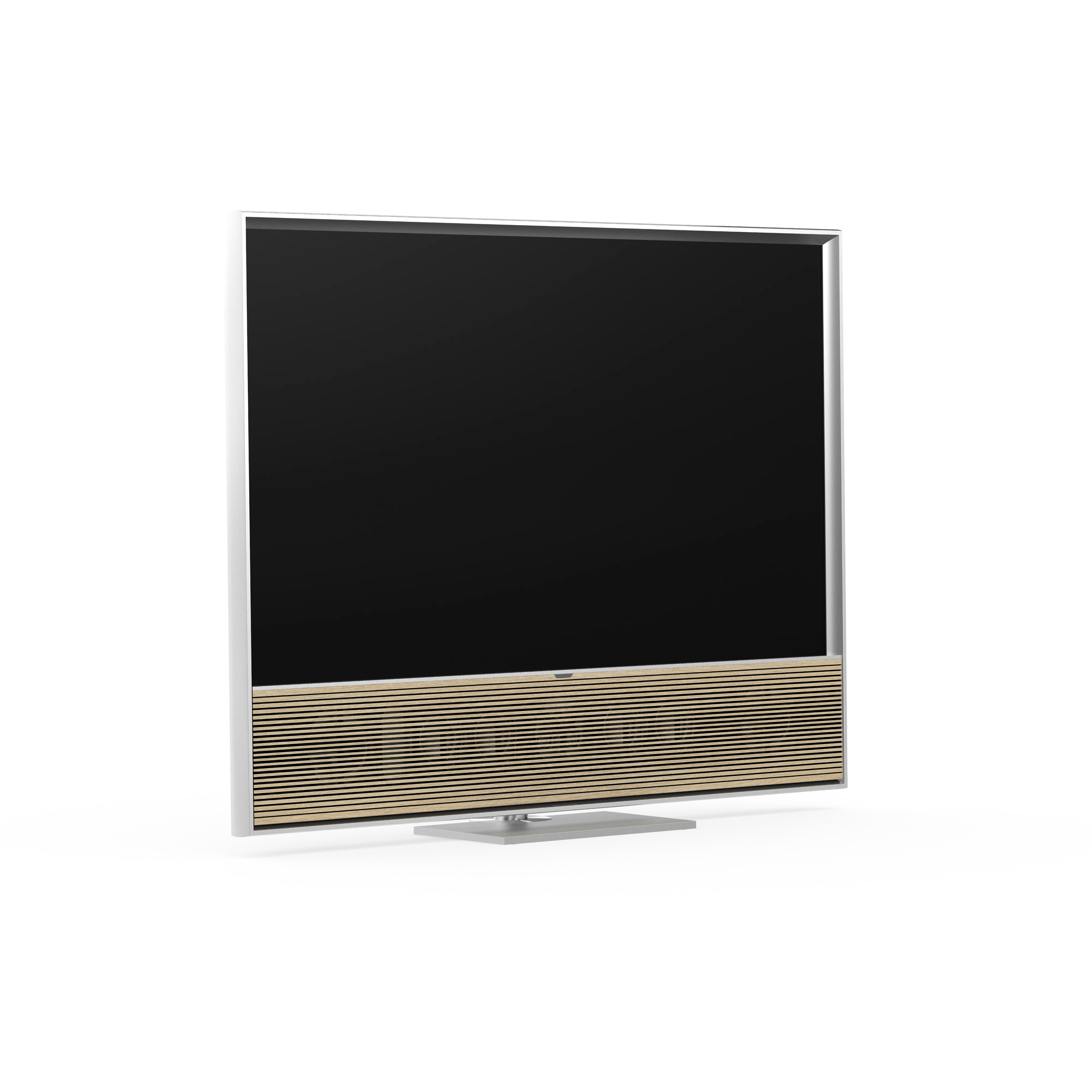 Bang & Olufsen Beovision Contour in natural aluminium mit Holzcover in light oak auf Tischstandfuß