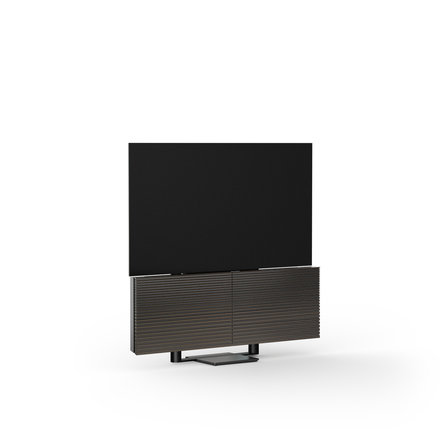 Bang & Olufsen, B&O, Beovision Harmony in Black Anthracite / Dark oak - Ansicht von schräg vorn, Soundcenter geöffnet, normaler Bodenstandfuß