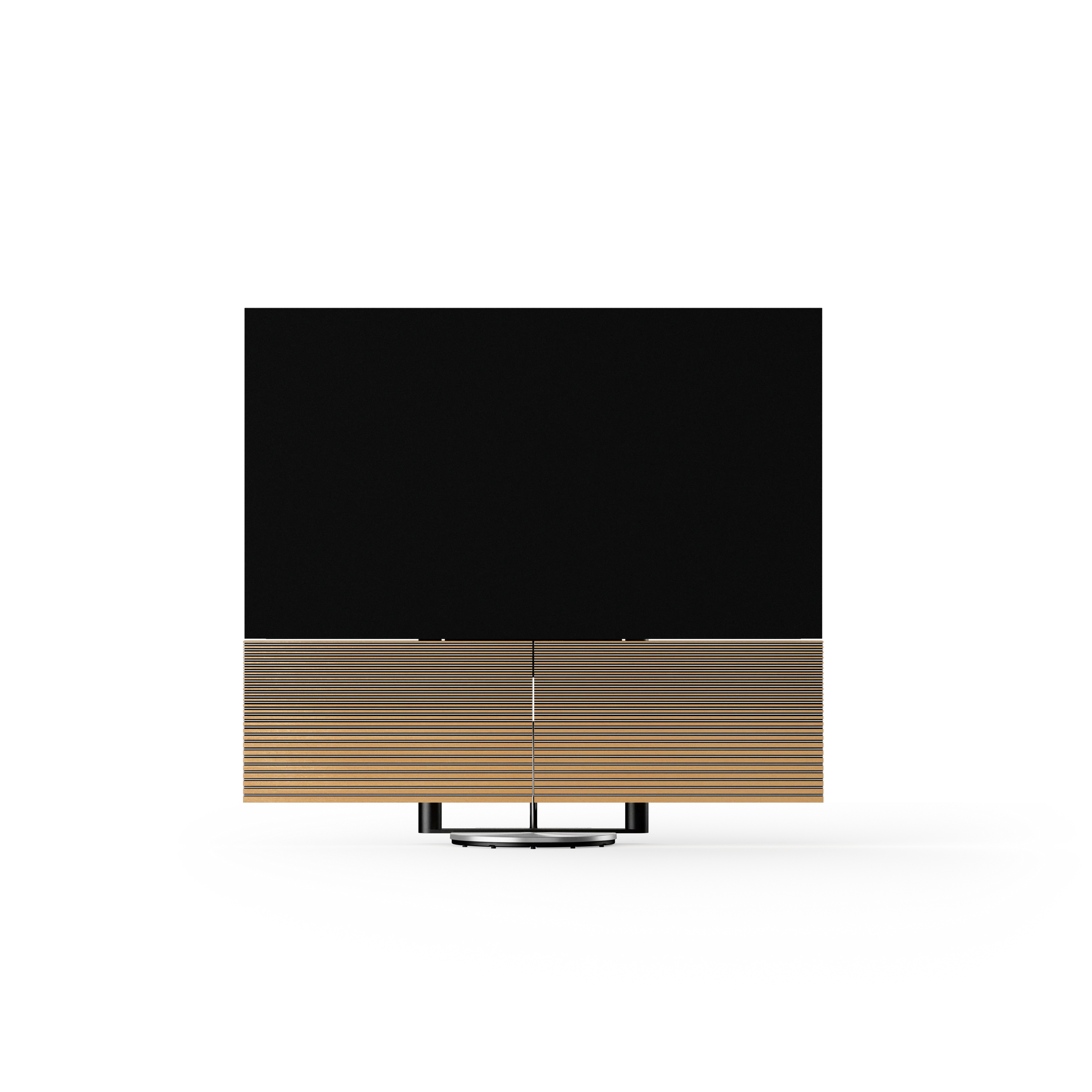 Bang & Olufsen, B&O, Beovision Harmony in silber - frontale Ansicht, Soundcenter geöffnet, normaler Bodenstandfuß