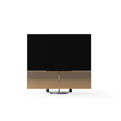 Bang & Olufsen, B&O, Beovision Harmony in silber - frontale Ansicht, Soundcenter geöffnet, normaler Bodenstandfuß