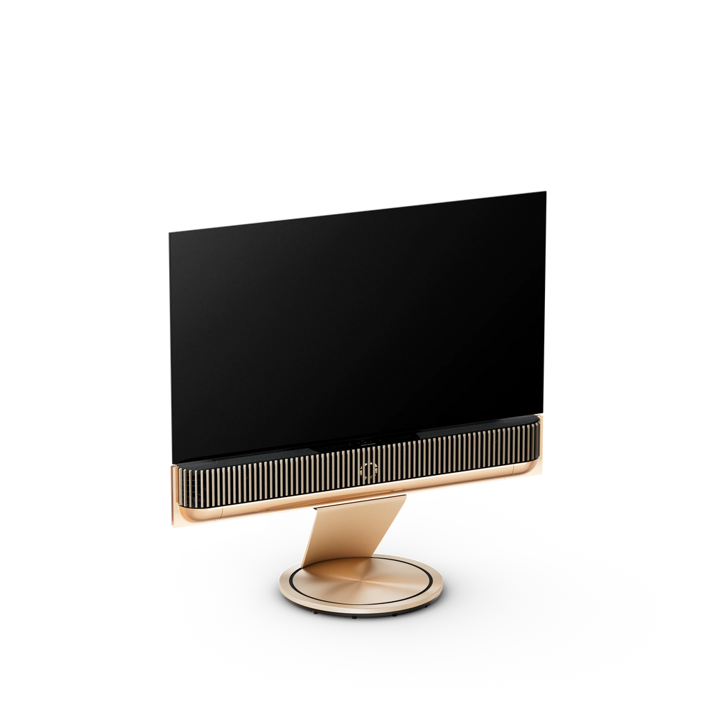 Bang & Olufsen, B&O, Beovision Theatre 55Zoll in Gold Tone mit Holzcover in Light oak auf Bodenstandfuß