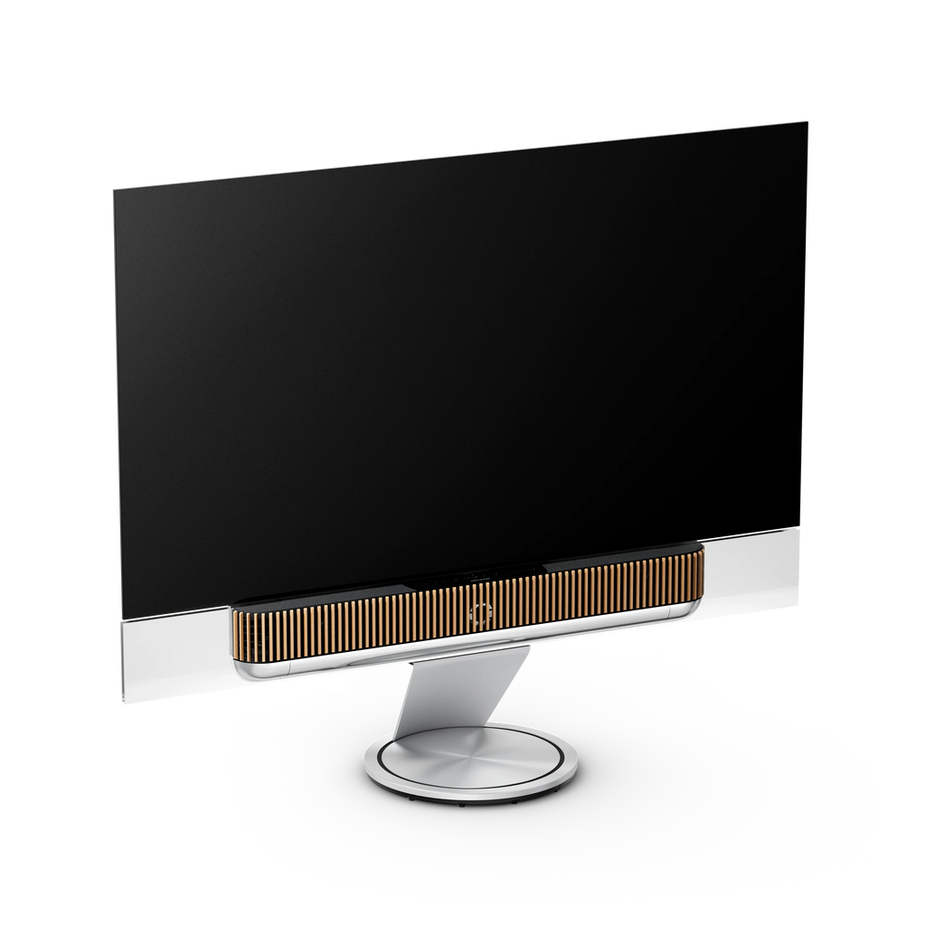Bang & Olufsen, B&O, Beovision Theatre 77 Zoll in silber mit Holzcover aus Eiche auf Bodenstandfuß