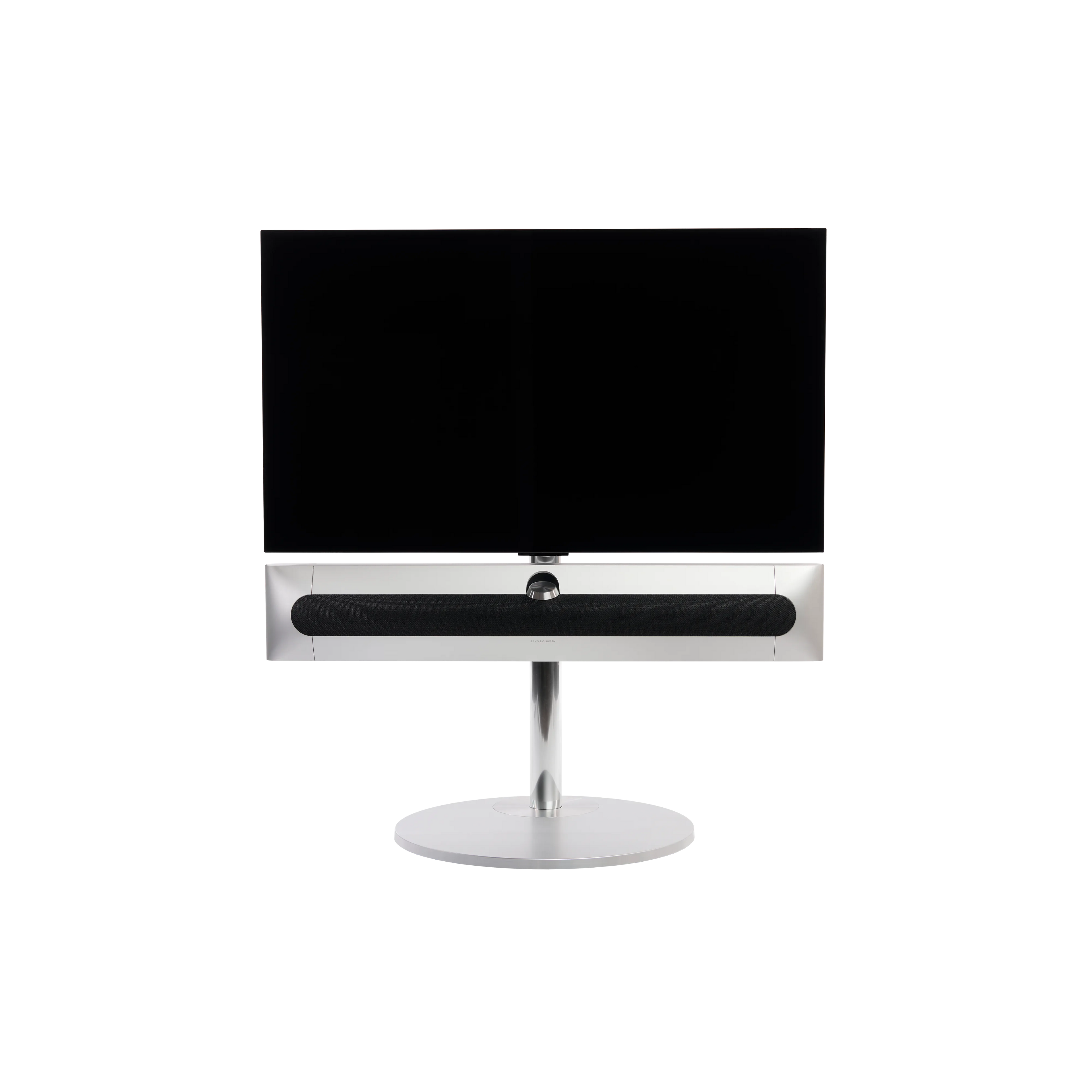 Beosound Premiere in natural aluminium auf STB Bodenstandfuß, mit Stoffcover in Grey Mélange, mit 42 Zoll LG OLED Panel - Frontale Ansicht