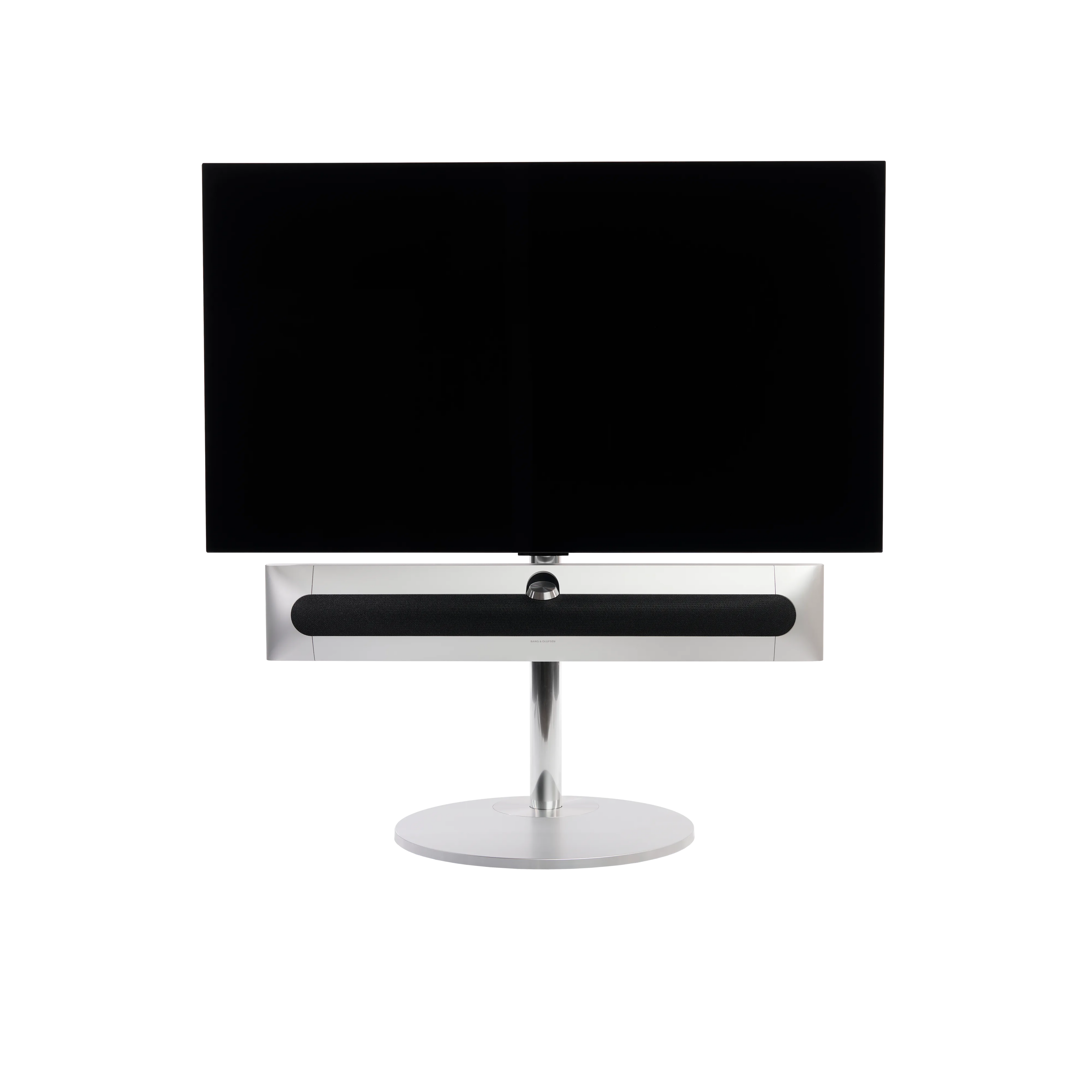 Beosound Premiere in natural aluminium auf STB Bodenstandfuß, mit Stoffcover in Grey Mélange, mit 48 Zoll LG OLED Panel - Frontale Ansicht