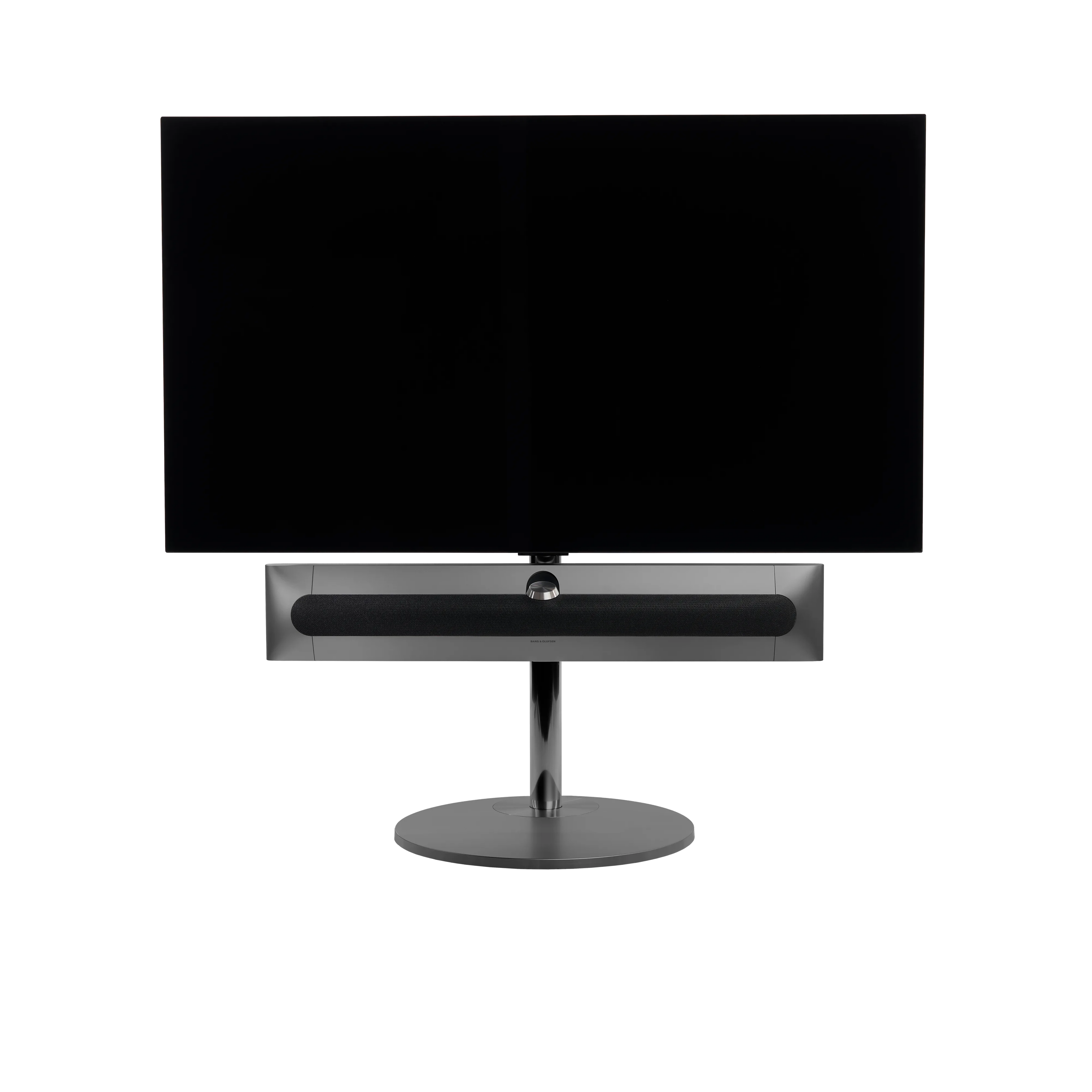 Beosound Premiere in black anthracite auf Bodenstandfuß von stb brackets,  mit Stoff- Abdeckung in Grey Mélange vorn, mit 55 Zoll LG OLED Panel - Ansicht frontal 