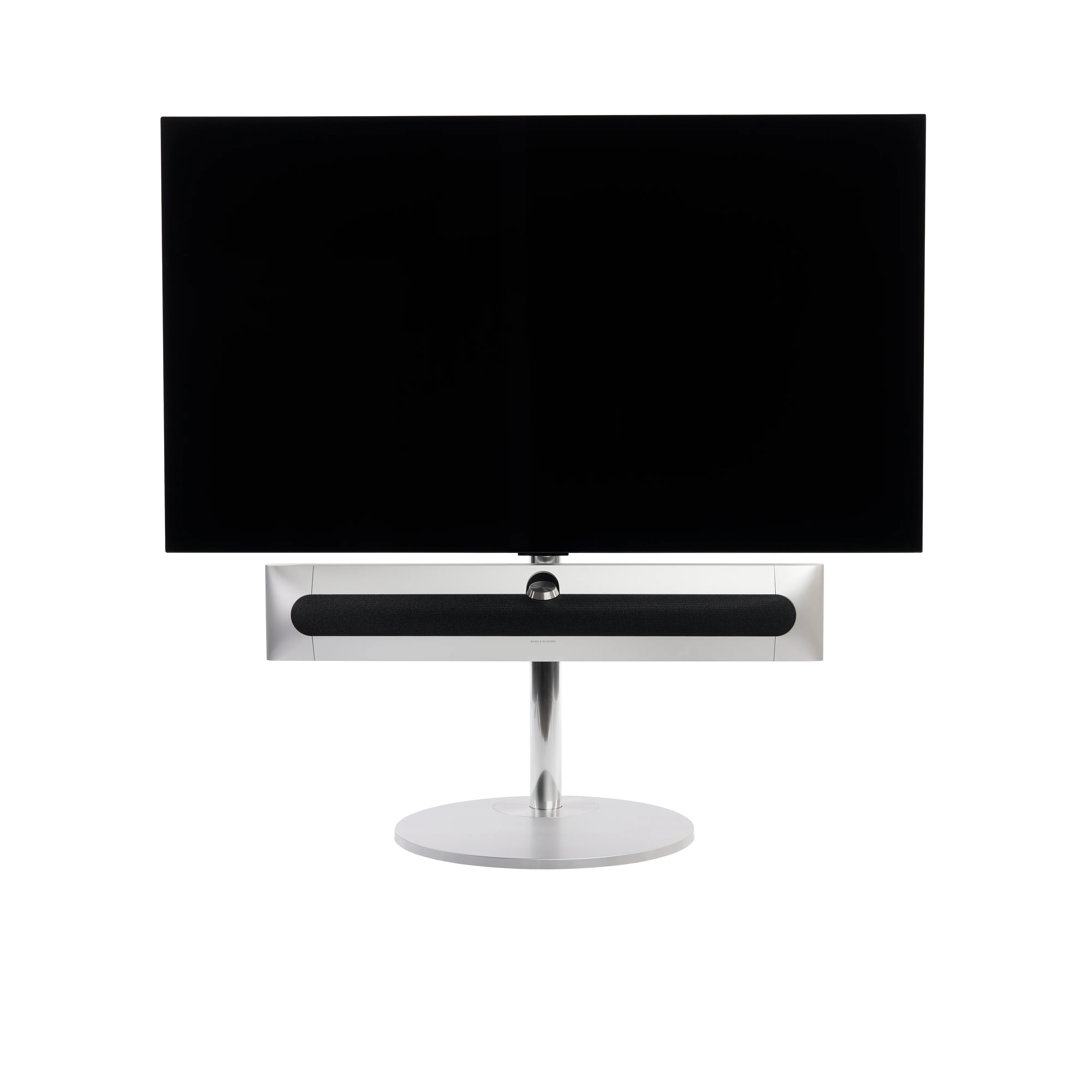 Beosound Premiere in natural aluminium auf STB Bodenstandfuß, mit Stoffcover in Grey Mélange, mit 55 Zoll LG OLED Panel - Frontale Ansicht