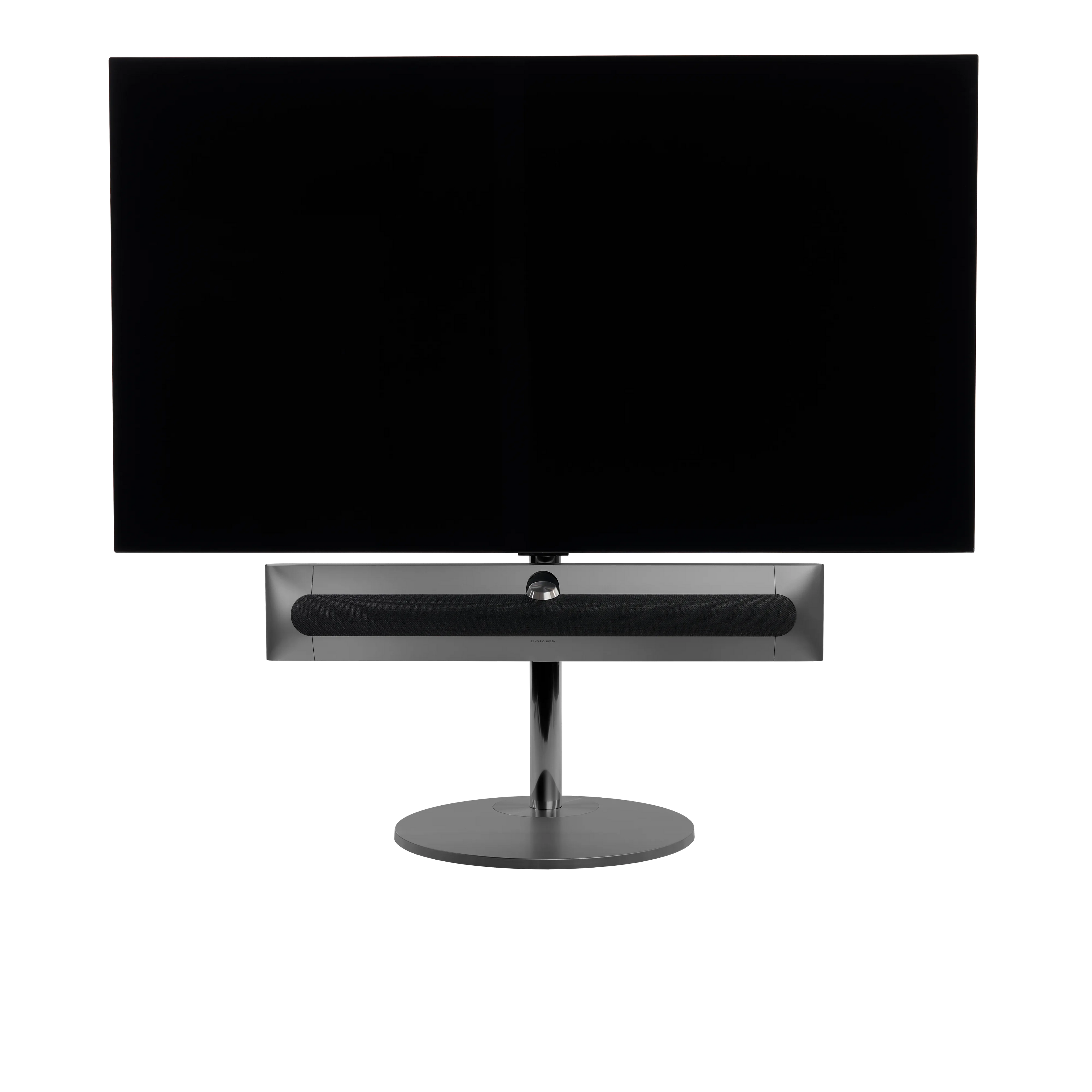 Beosound Premiere in black anthracite auf Bodenstandfuß von stb brackets,  mit Stoff- Abdeckung in Grey Mélange vorn, mit 65  Zoll LG OLED Panel - Ansicht frontal 