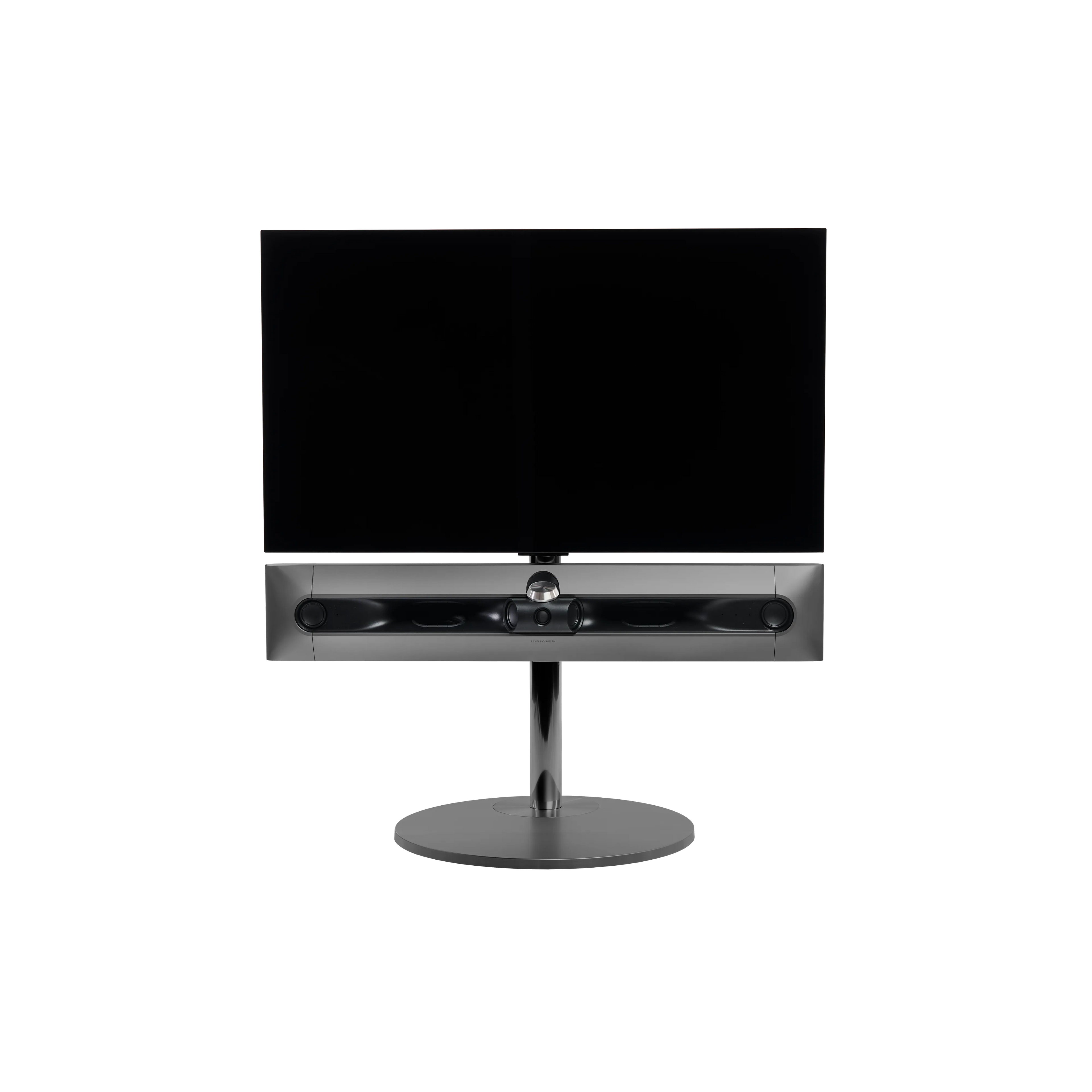 Beosound Premiere in black anthracite auf Bodenstandfuß von stb brackets,  ohne Abdeckung vorn, mit 42 Zoll LG OLED Panel - Ansicht frontal 