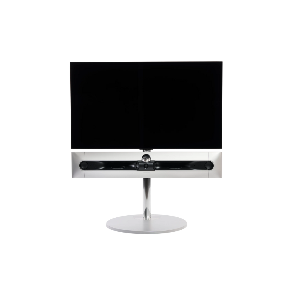 Beosound Premiere in natural aluminium auf STB Bodenstandfuß, ohne Cover, mit 42 Zoll LG OLED Panel - Frontale Ansicht
