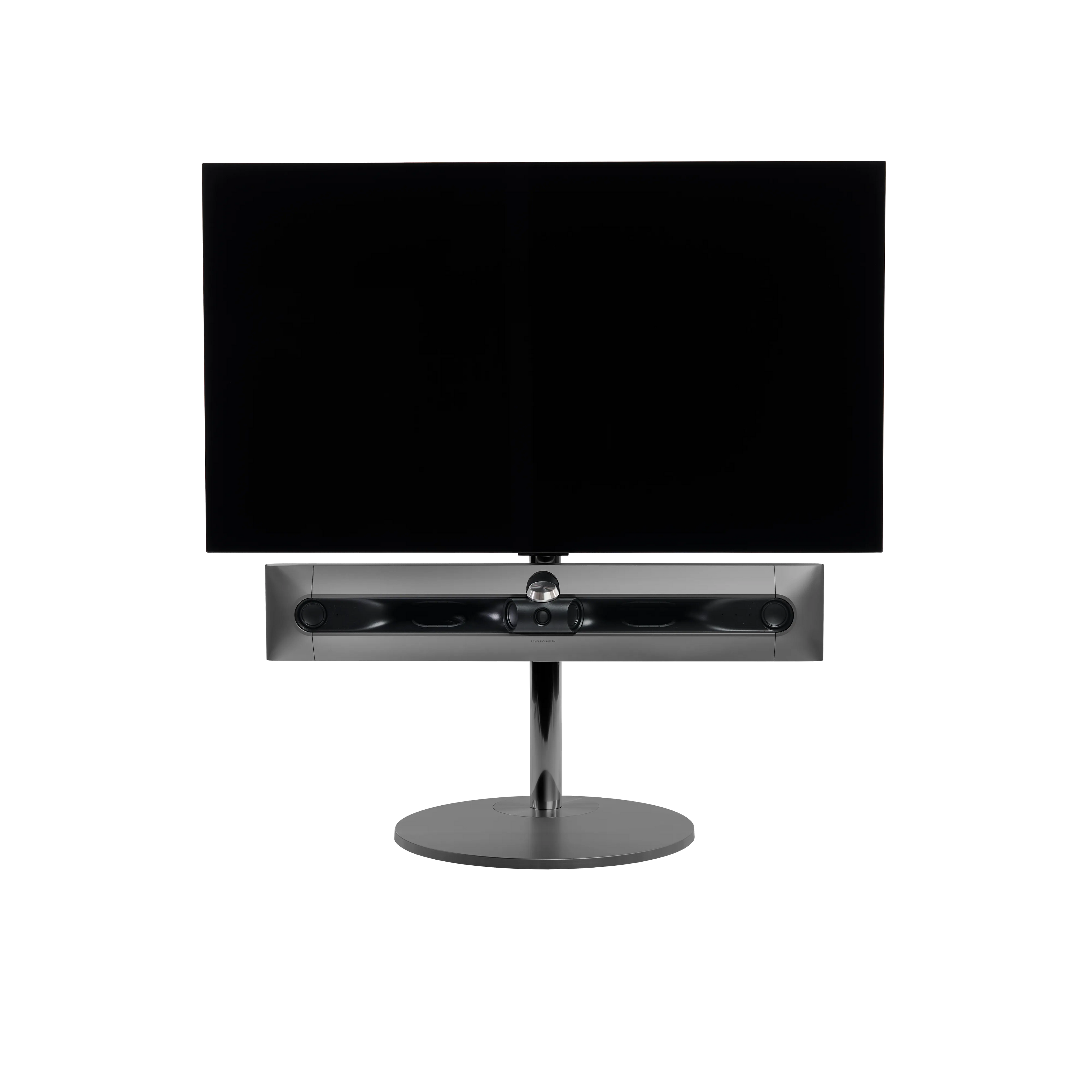 Beosound Premiere in black anthracite auf Bodenstandfuß von stb brackets,  ohne Abdeckung vorn, mit 48  Zoll LG OLED Panel - Ansicht frontal 