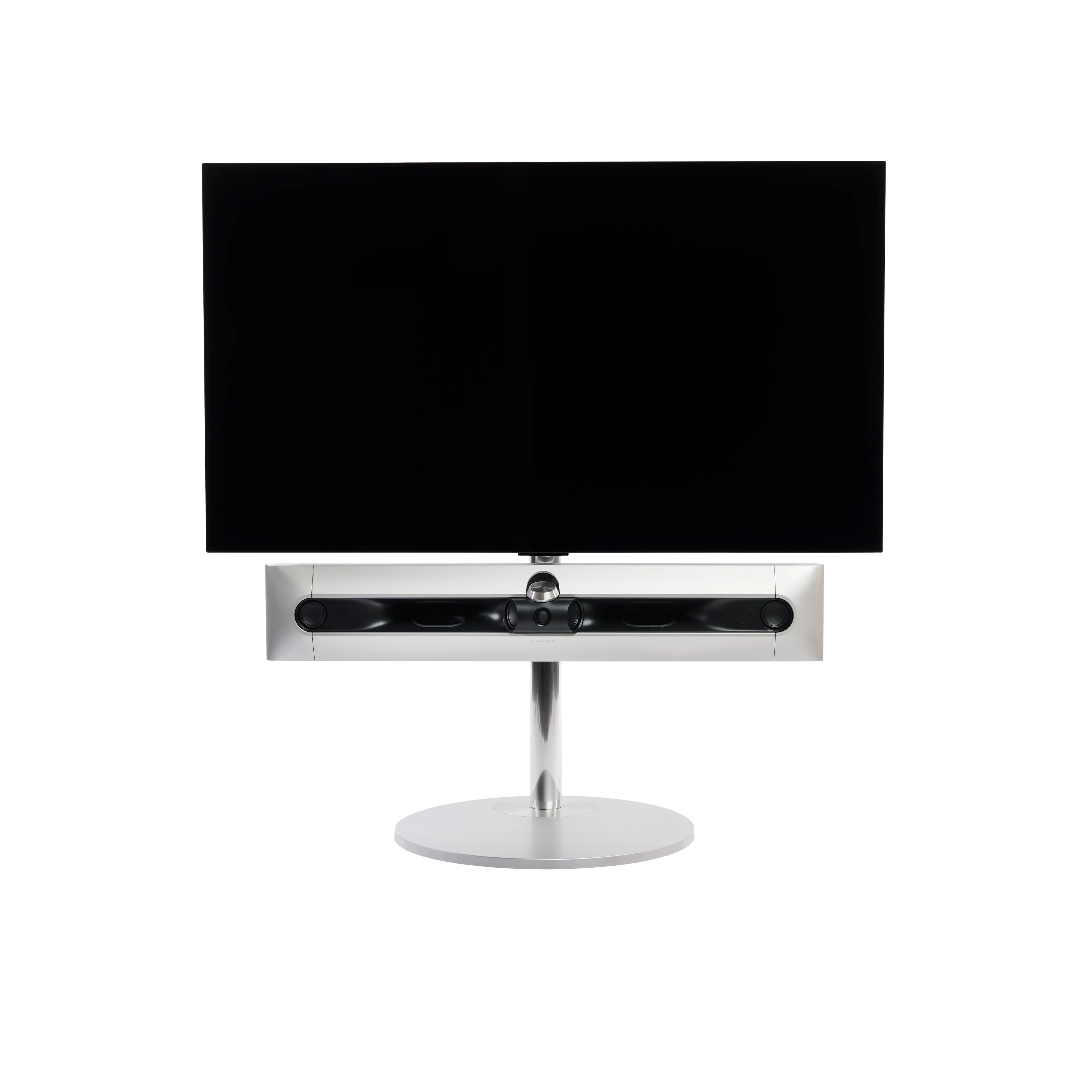 Beosound Premiere in natural aluminium auf STB Bodenstandfuß, ohne Cover, mit 48 Zoll LG OLED Panel - Frontale Ansicht