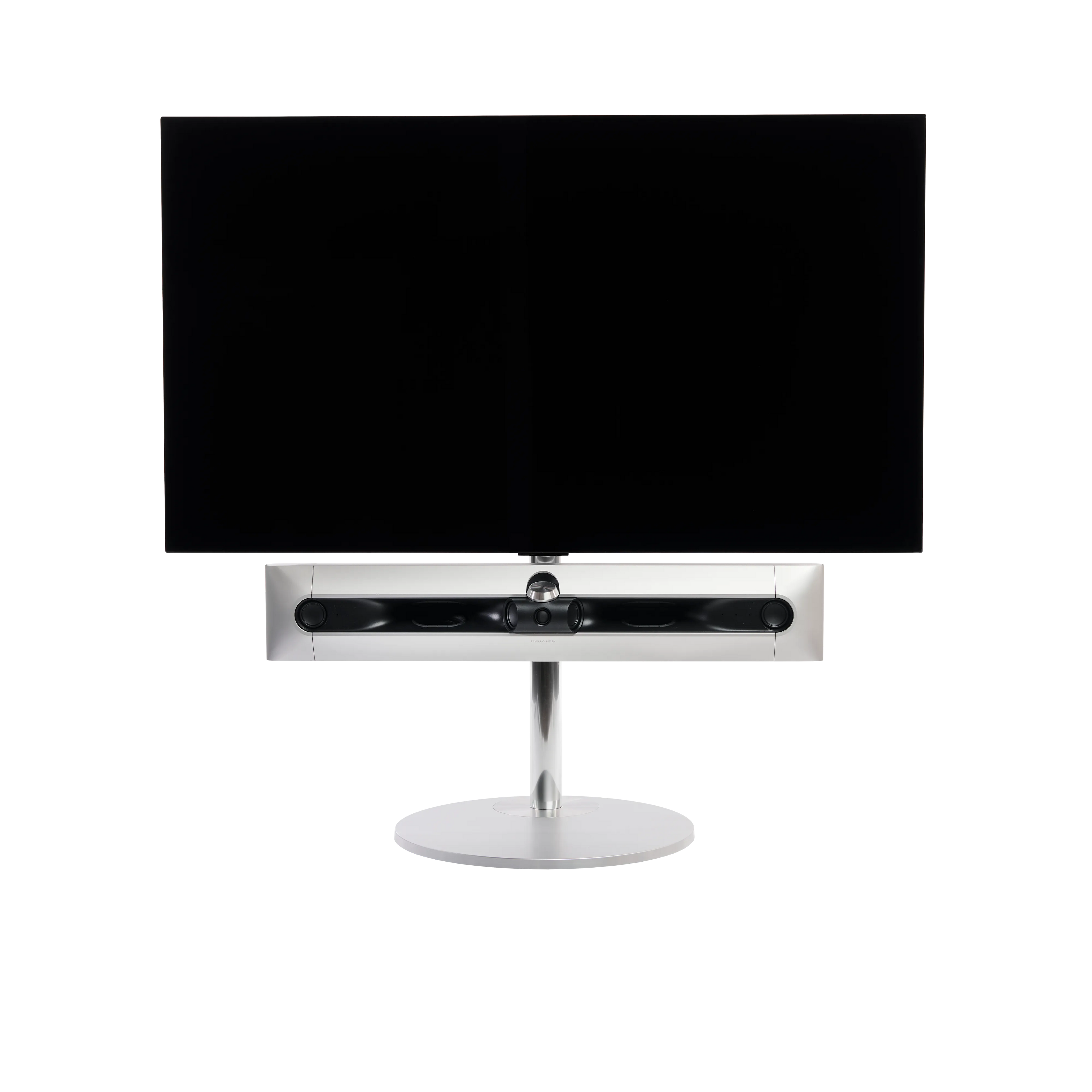 Beosound Premiere in natural aluminium auf STB Bodenstandfuß, ohne Cover, mit 55 Zoll LG OLED Panel - Frontale Ansicht
