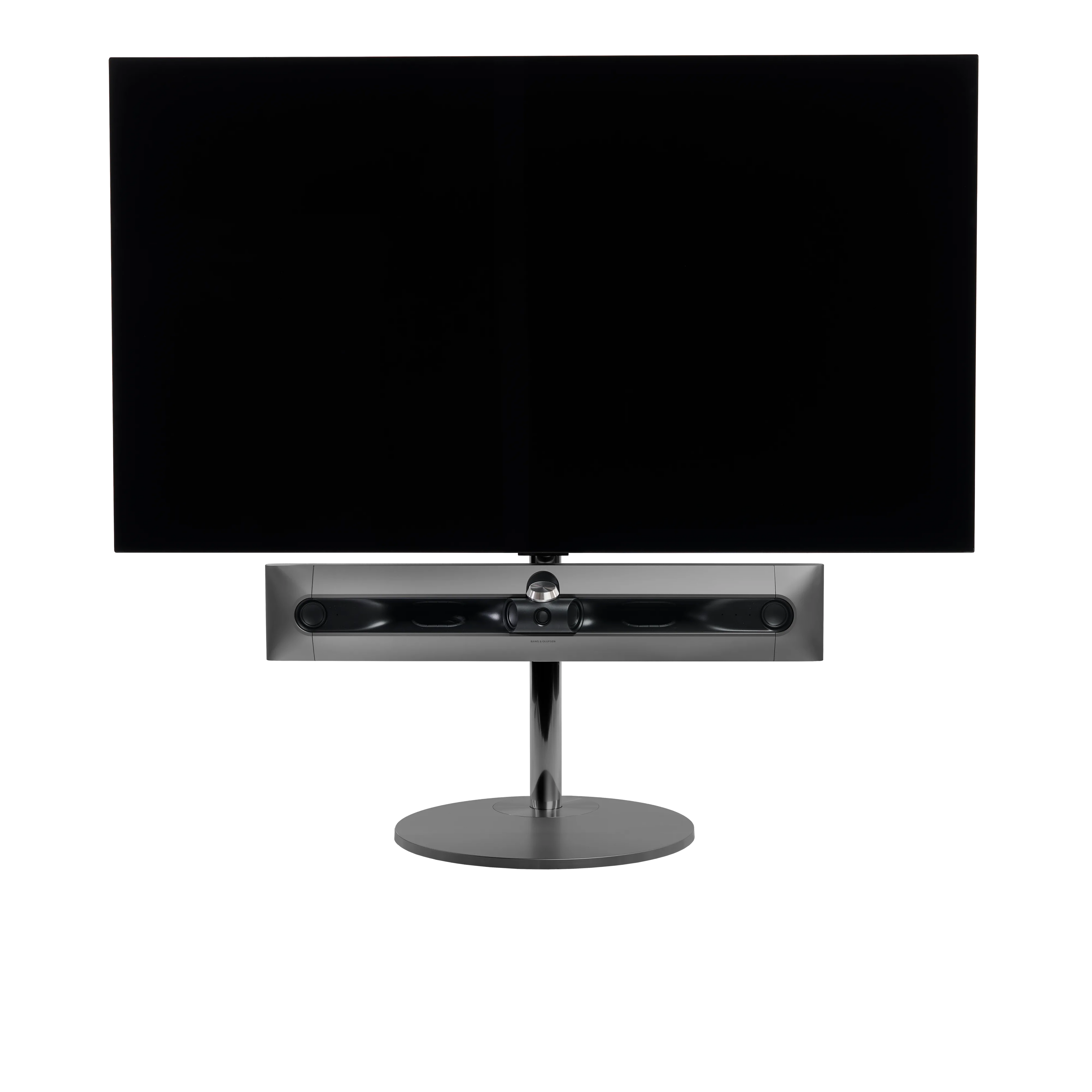 Beosound Premiere in black anthracite auf Bodenstandfuß von stb brackets,  ohne Abdeckung vorn, mit 65  Zoll LG OLED Panel - Ansicht frontal 