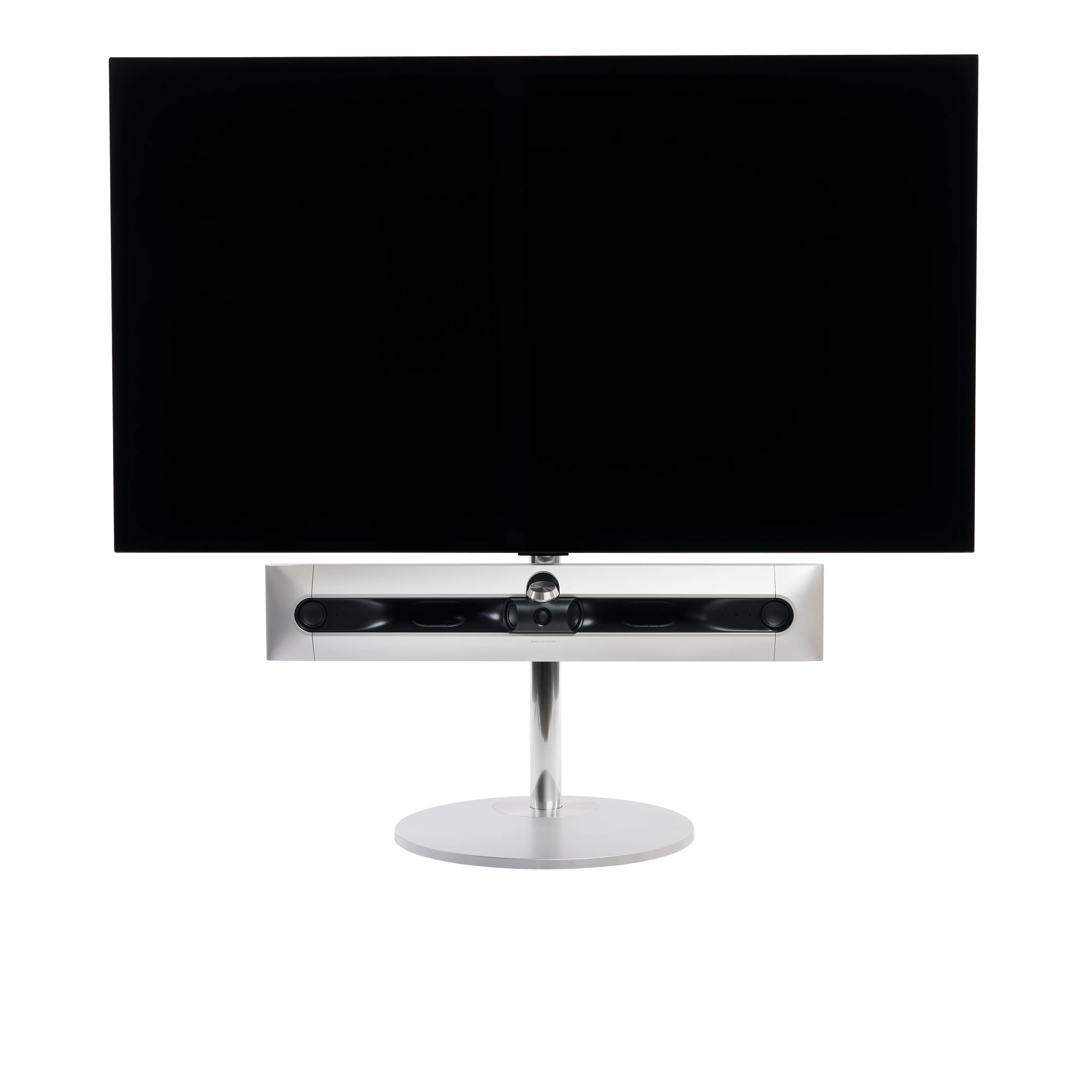Beosound Premiere in natural aluminium auf STB Bodenstandfuß, ohne Cover, mit 65 Zoll LG OLED Panel - Frontale Ansicht