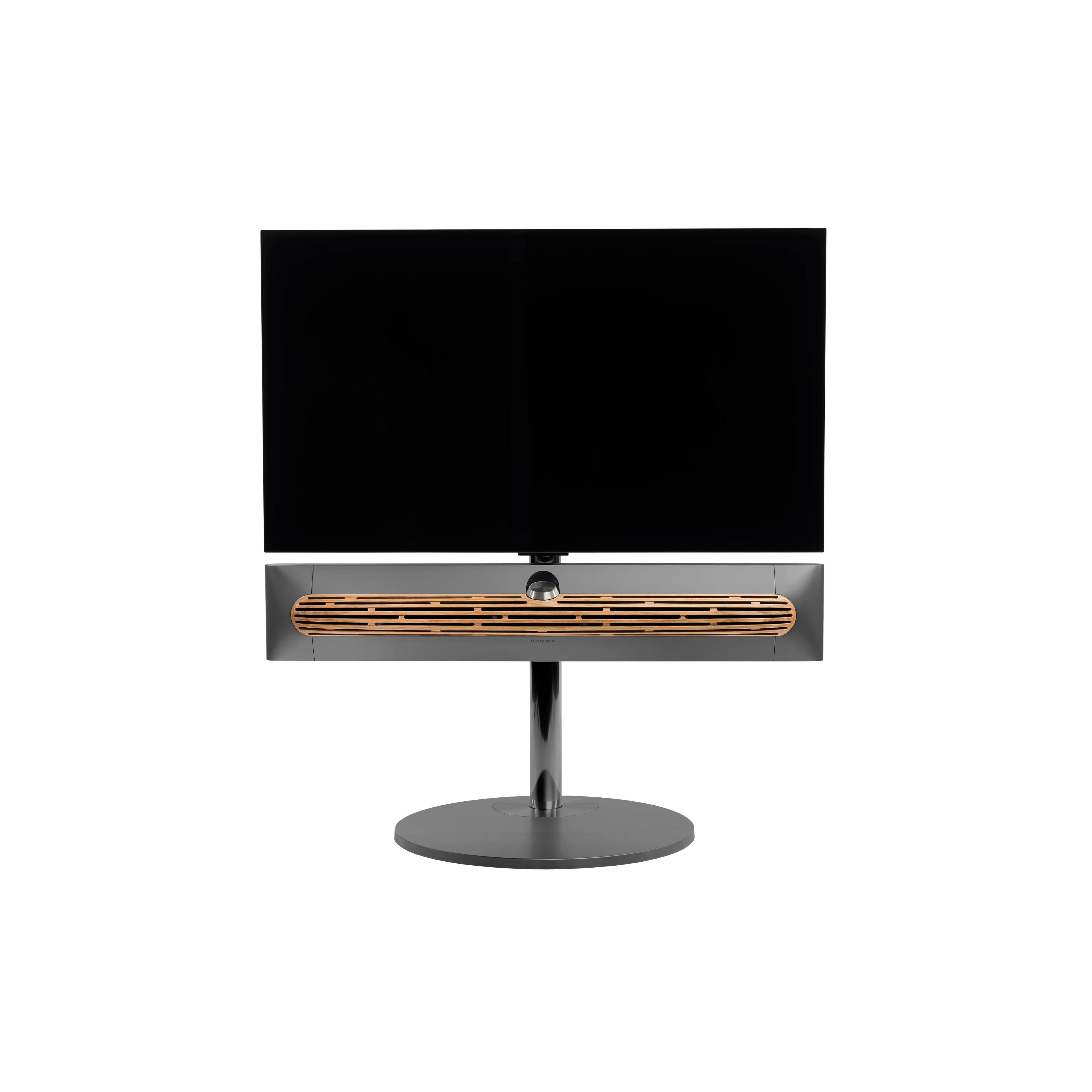 Beosound Premiere in black anthracite auf Bodenstandfuß von stb brackets,  mit Eichenholz- Abdeckung vorn, mit 42 Zoll LG OLED Panel - Ansicht frontal 