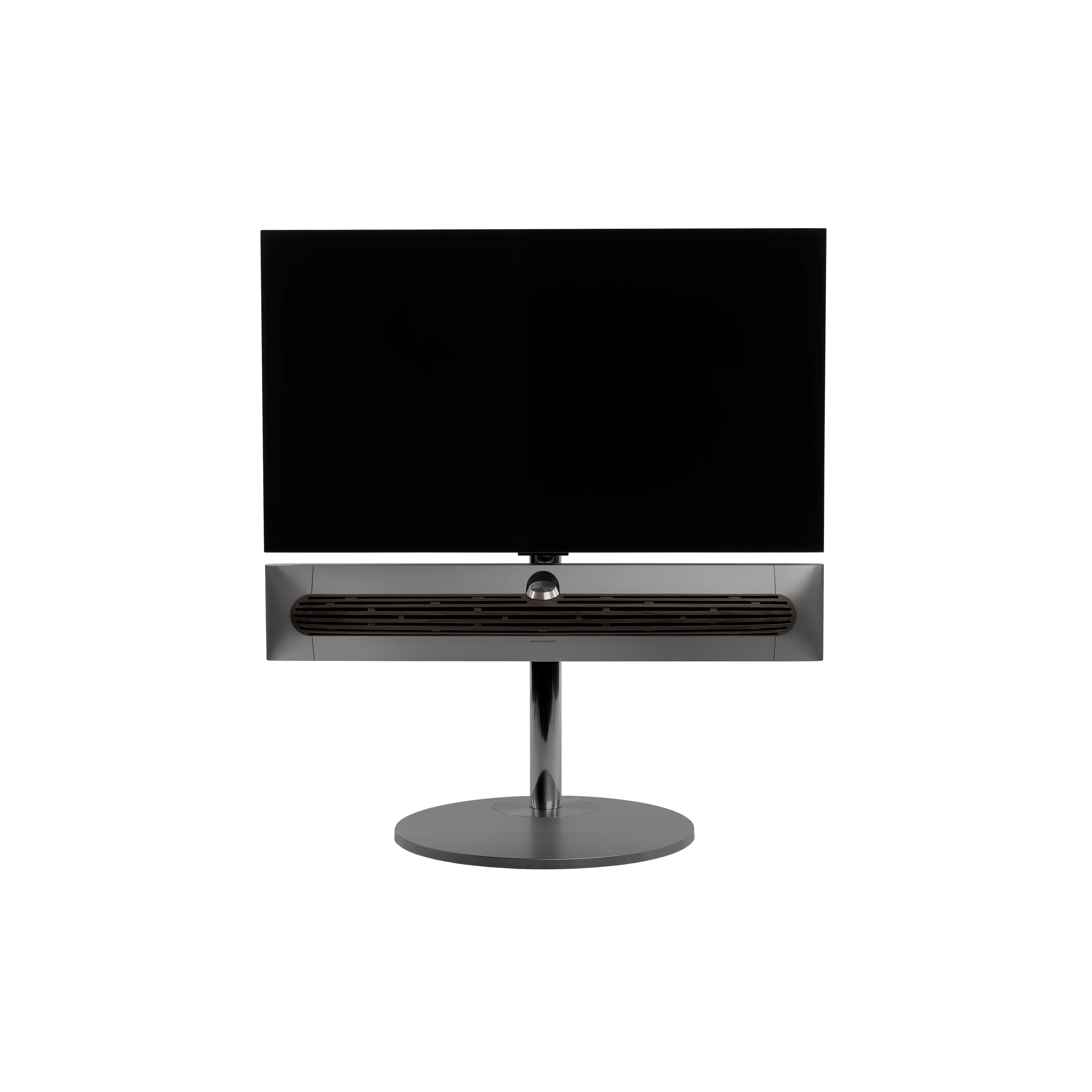 Beosound Premiere in black anthracite auf STB Bodenstandfuß mit Holzcover in Dark Oak und 42 Zoll Panel