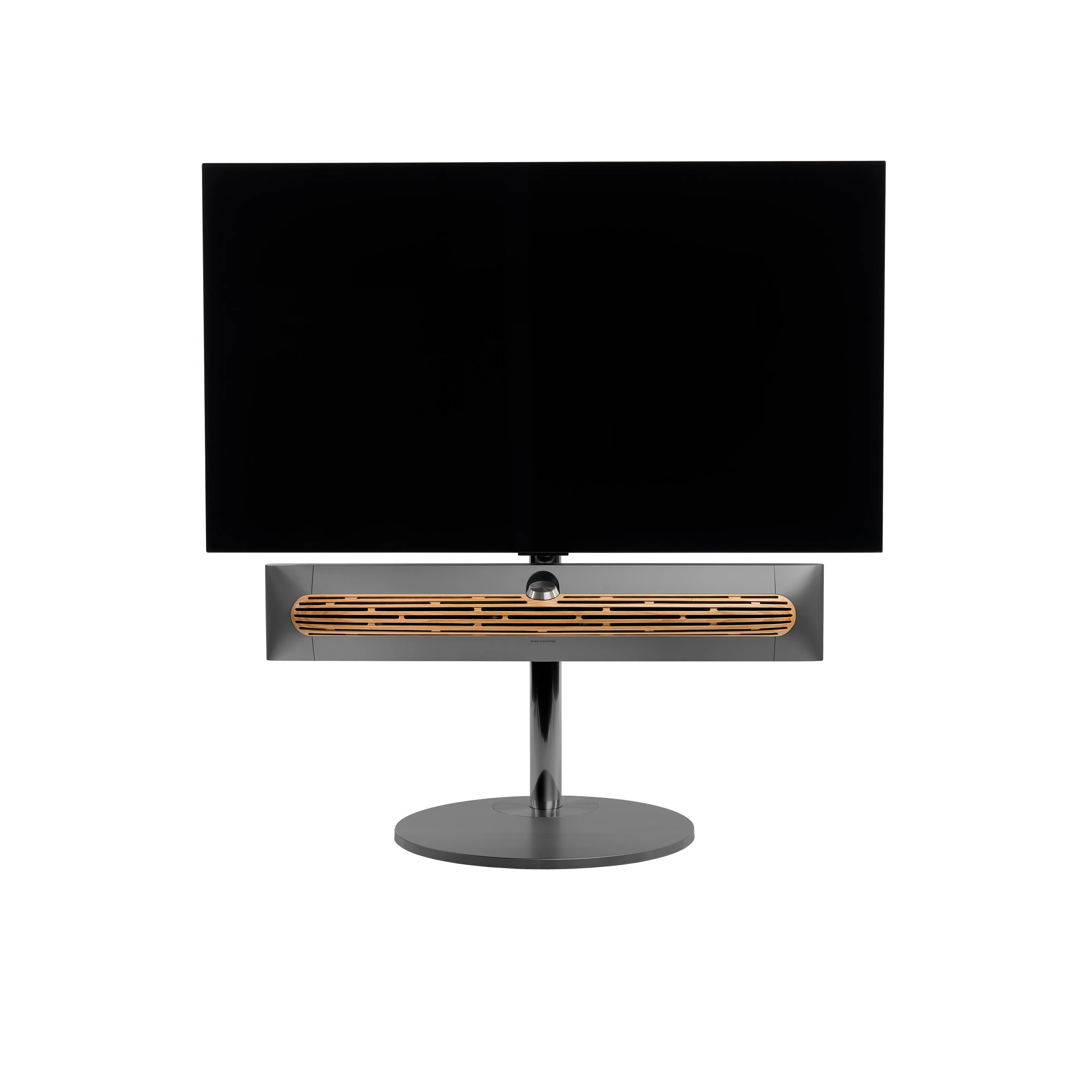Beosound Premiere in black anthracite auf Bodenstandfuß von stb brackets,  mit Eichenholz- Abdeckung vorn, mit 48  Zoll LG OLED Panel - Ansicht frontal 