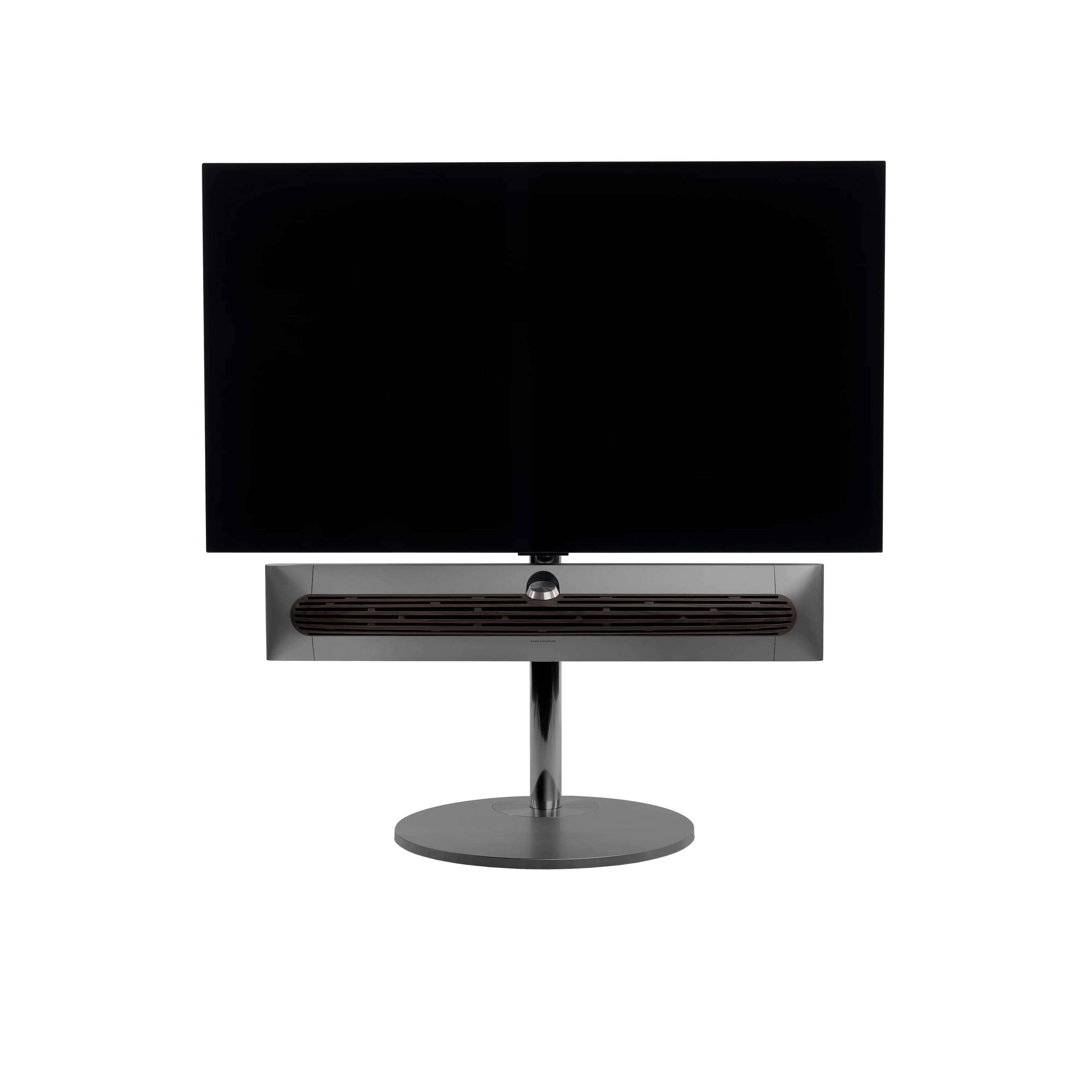 Beosound Premiere in black anthracite auf STB Bodenstandfuß mit Holzcover in Dark Oak und 48 Zoll Panel