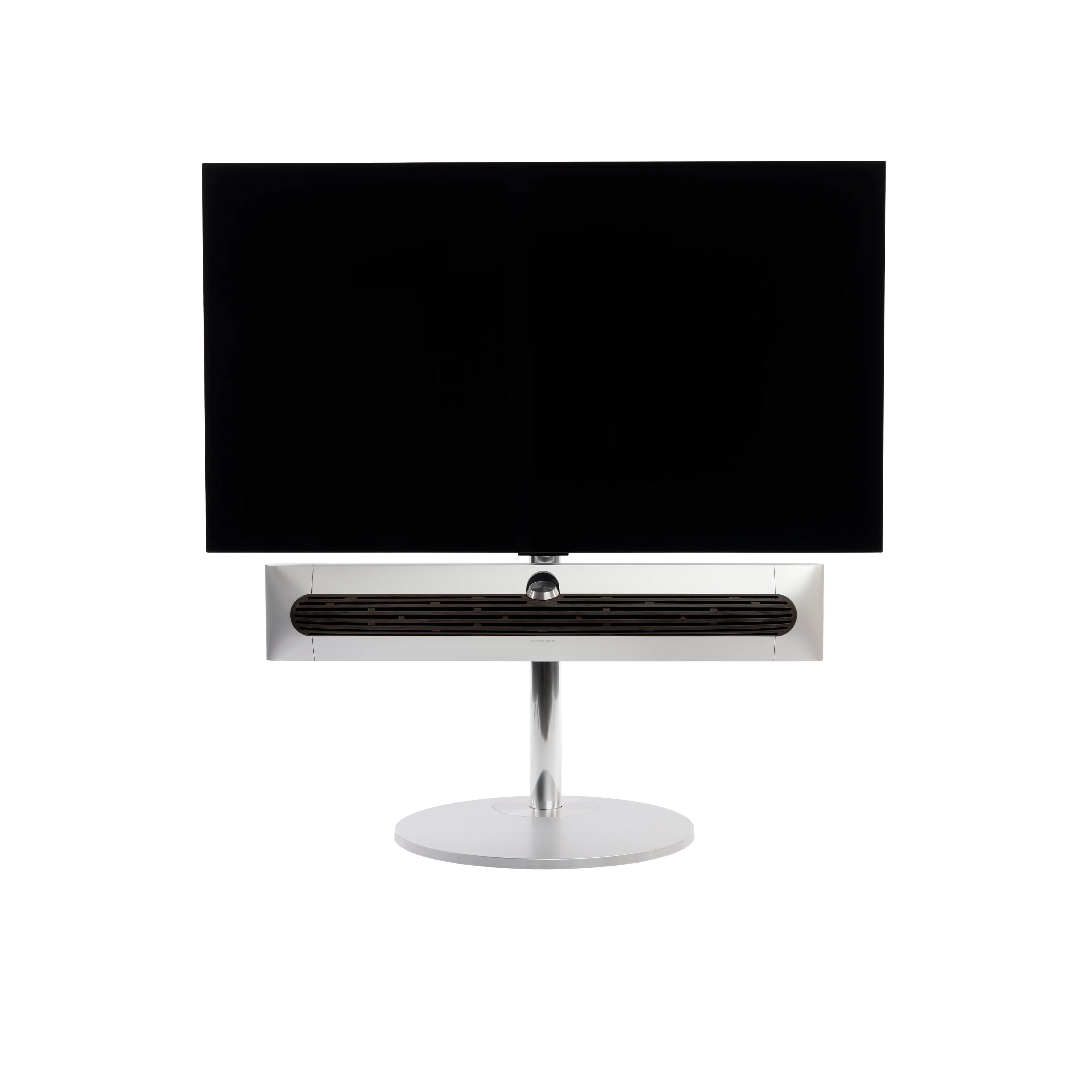 Beosound Premiere auf STB Standfuß mit Holzcover in Dark oak und 48 Zoll Panel