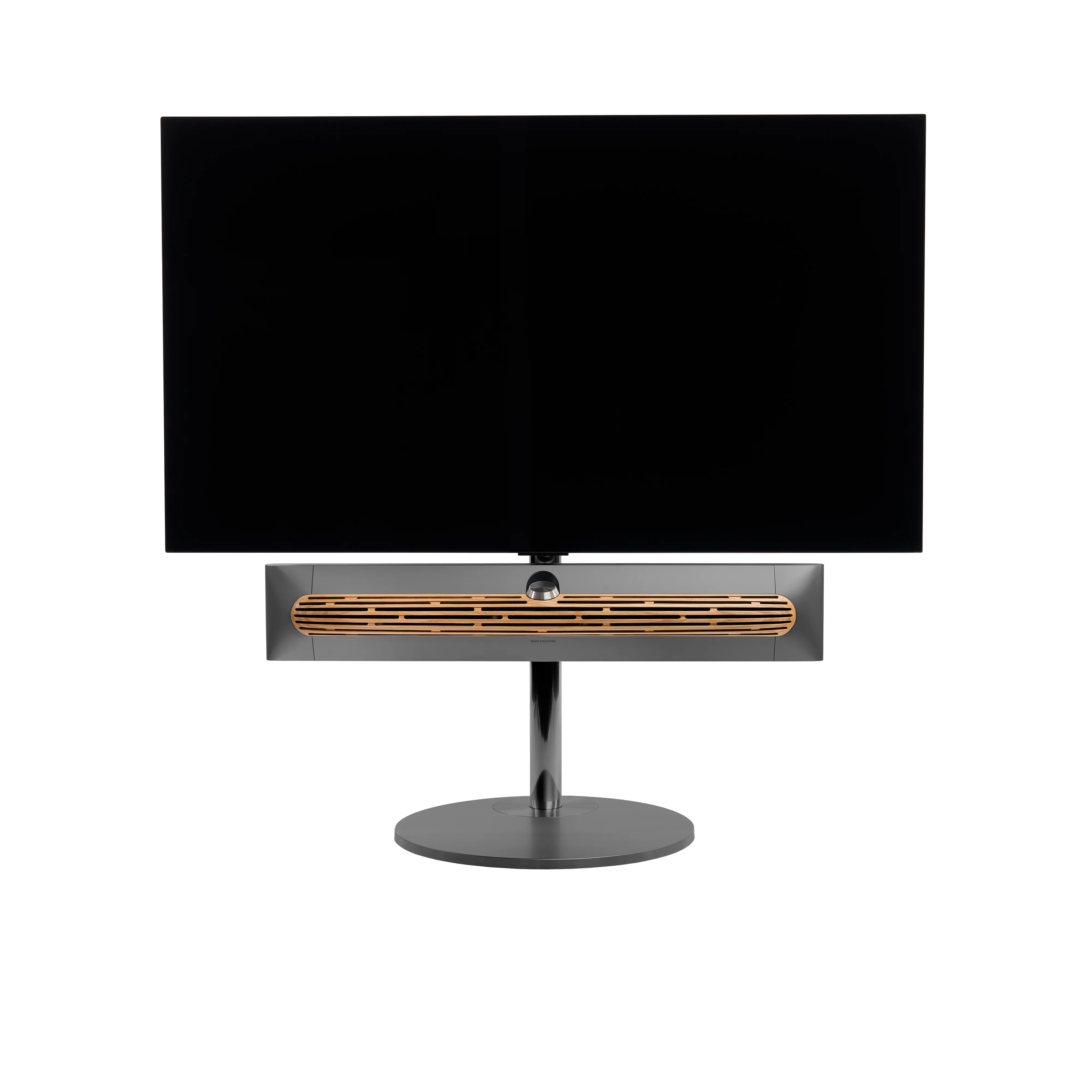 Beosound Premiere in black anthracite auf Bodenstandfuß von stb brackets,  mit Eichenholz- Abdeckung vorn, mit 55  Zoll LG OLED Panel - Ansicht frontal 