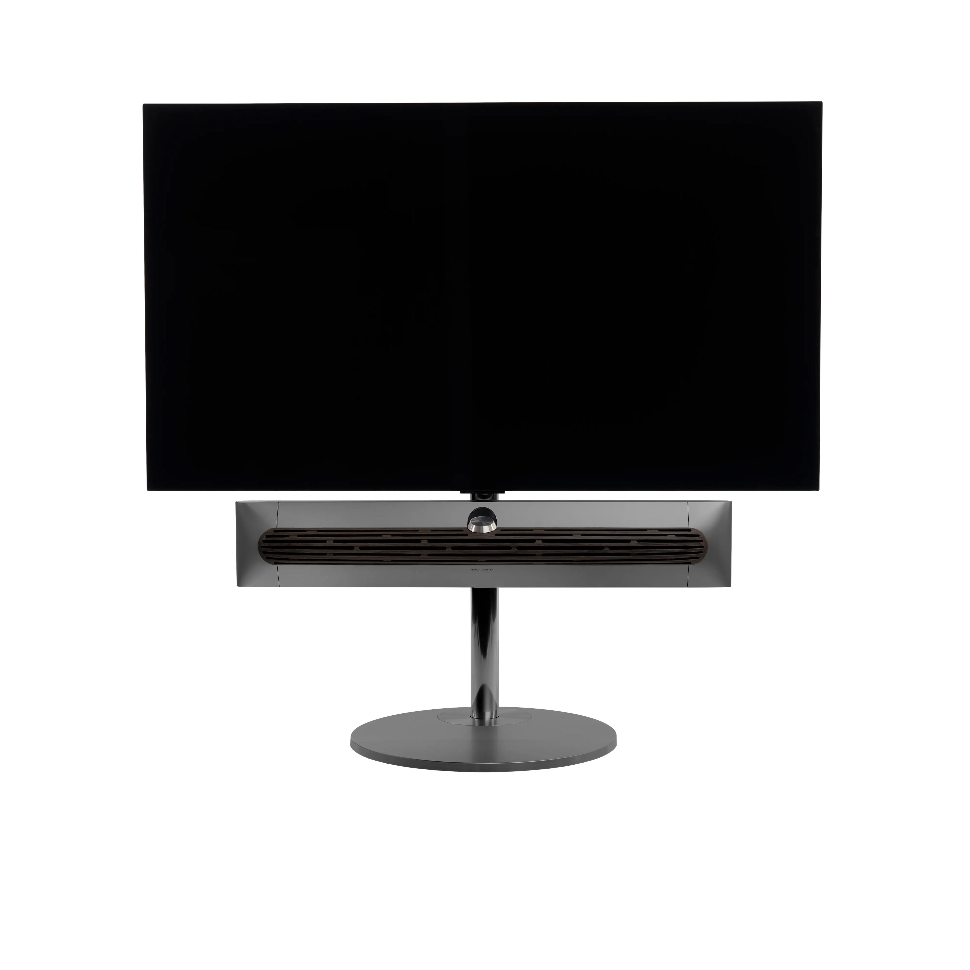 Beosound Premiere in black anthracite auf STB Bodenstandfuß mit Holzcover in Dark Oak und 55 Zoll Panel