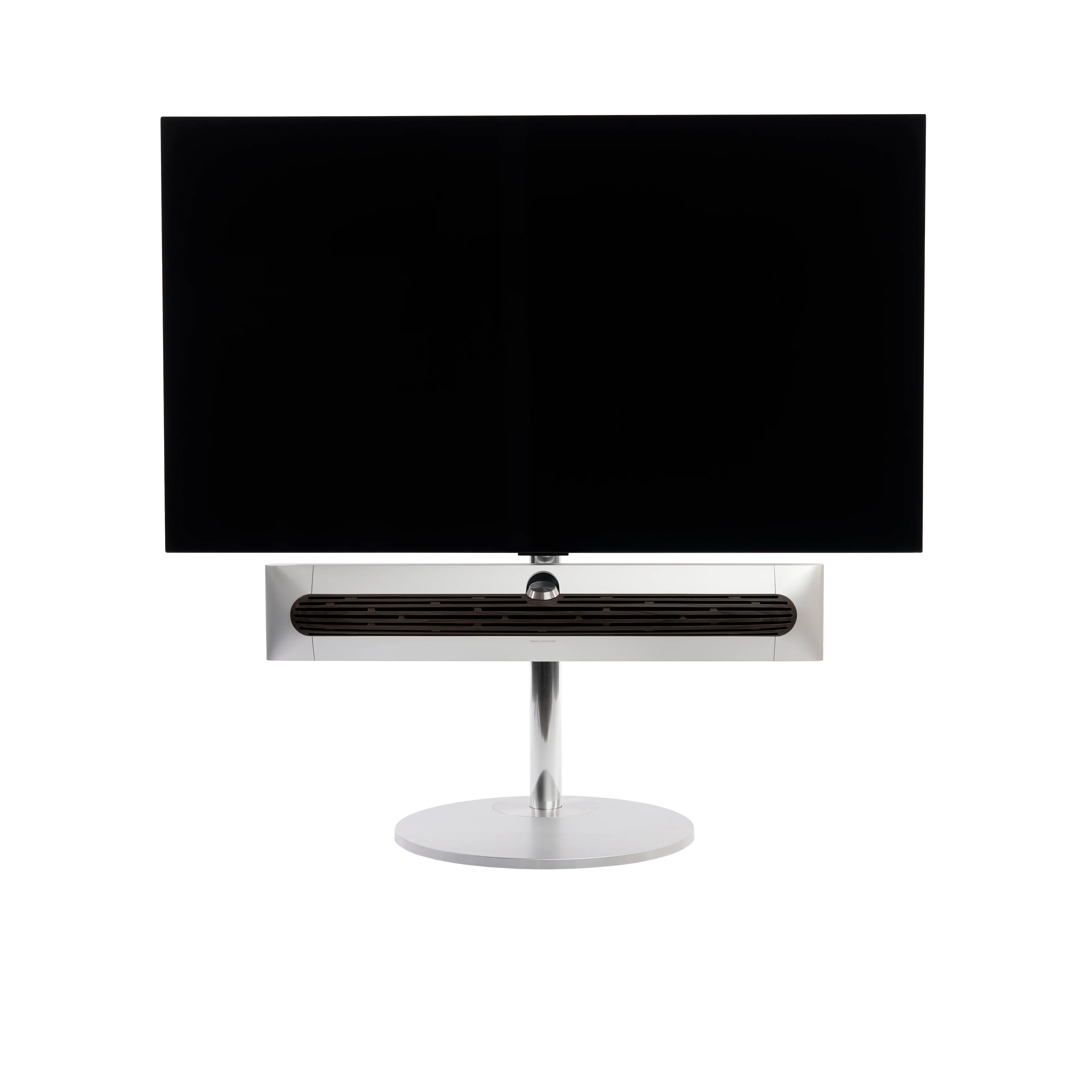 Beosound Premiere auf STB Standfuß mit Holzcover in Dark oak und 55 Zoll Panel