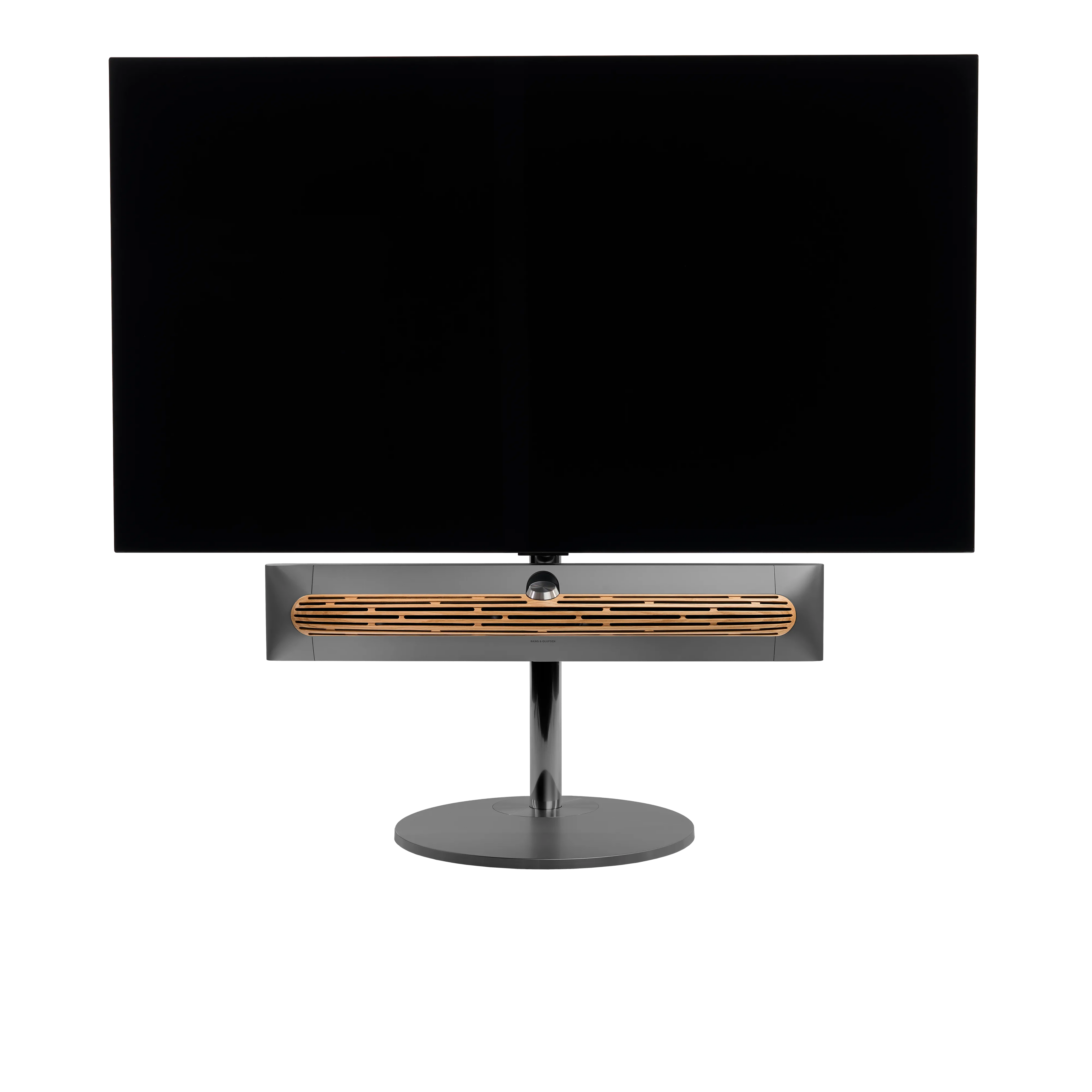 Beosound Premiere in black anthracite auf Bodenstandfuß von stb brackets,  mit Eichenholz- Abdeckung vorn, mit 65  Zoll LG OLED Panel - Ansicht frontal 